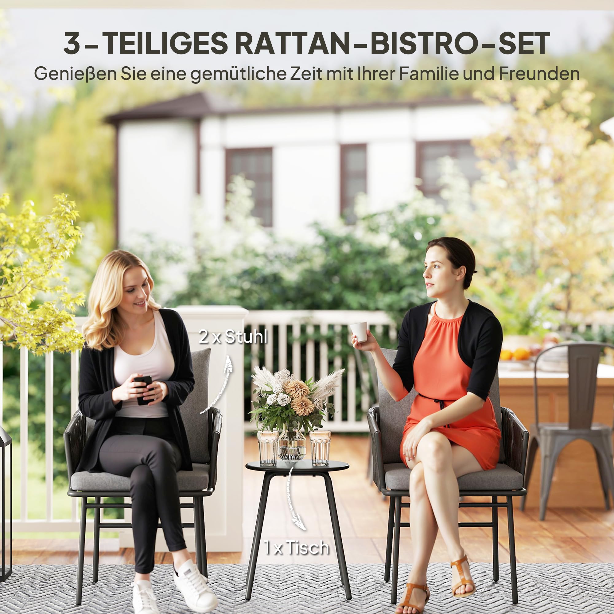 Outsunny 3-TLG. Rattan Bistroset Sitzgruppe 2 Gartensessel Couchtisch Grau