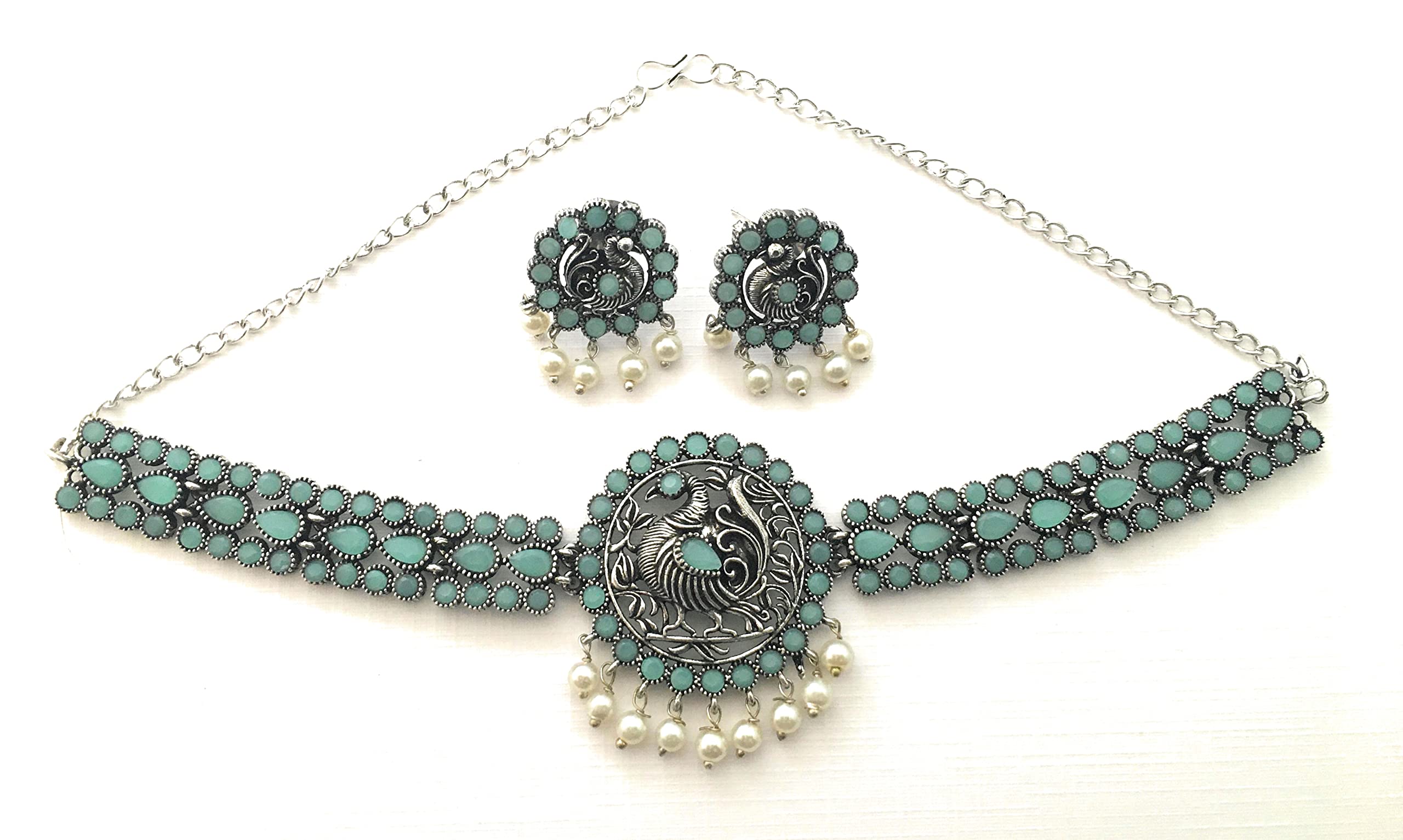 Sasitrends Classic Peacock Designer Oxidized German Silver Stone Studded Choker Jewellery Set with Earring For Women and Girl (B0B193MRMF) Amazon Price History, Amazon Price Tracker