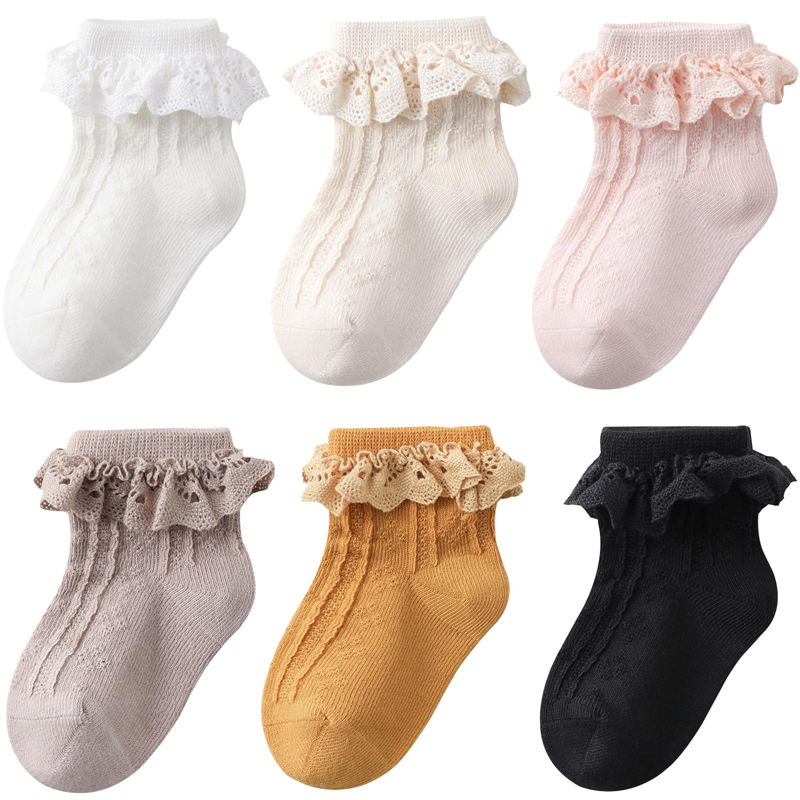 Dreshow Women's 6 Pairs Ankle Socks: 02 Toddler Girls Frilly Lace Socks Toddler Ruffle Socks Lace Ruffle Socks Princess For Baby Little Kids
