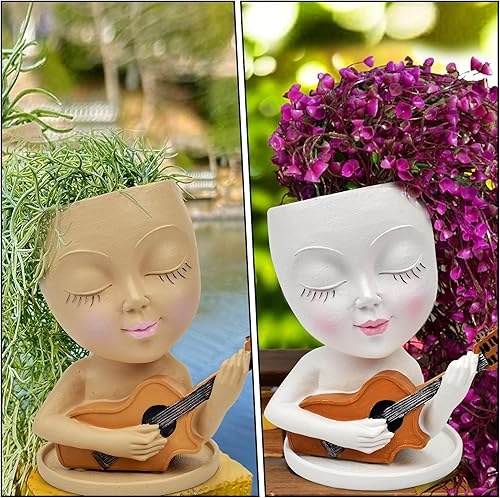 Miniatura 6 de Macetas de cara de resina, macetas de cara para plantas de interior y exterior, bonita dama toca la guitarra, jarrón único con orificio de drenaje y