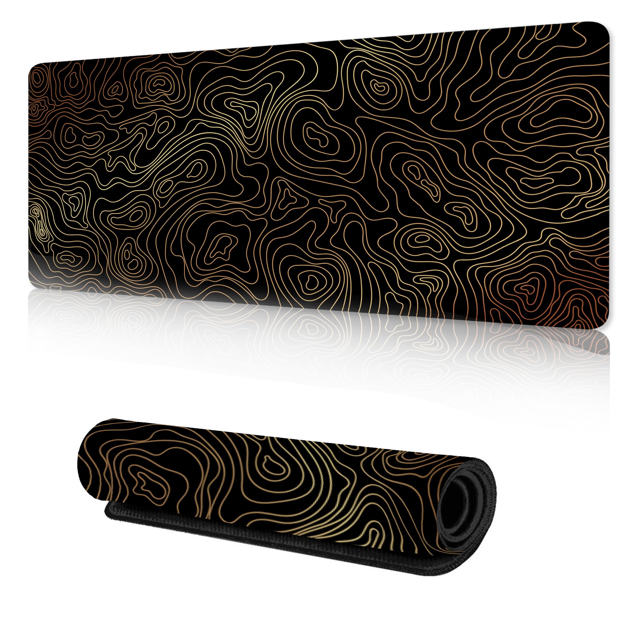 ZTHLL Gaming Mouse Pad with Stitched Edges,Topographic Gold Contour Map Desk Mat, Extended XL Mousepad with Anti-Slip Base, Cool Desk Pad for Keyboard and Mouse,35''×15.7''