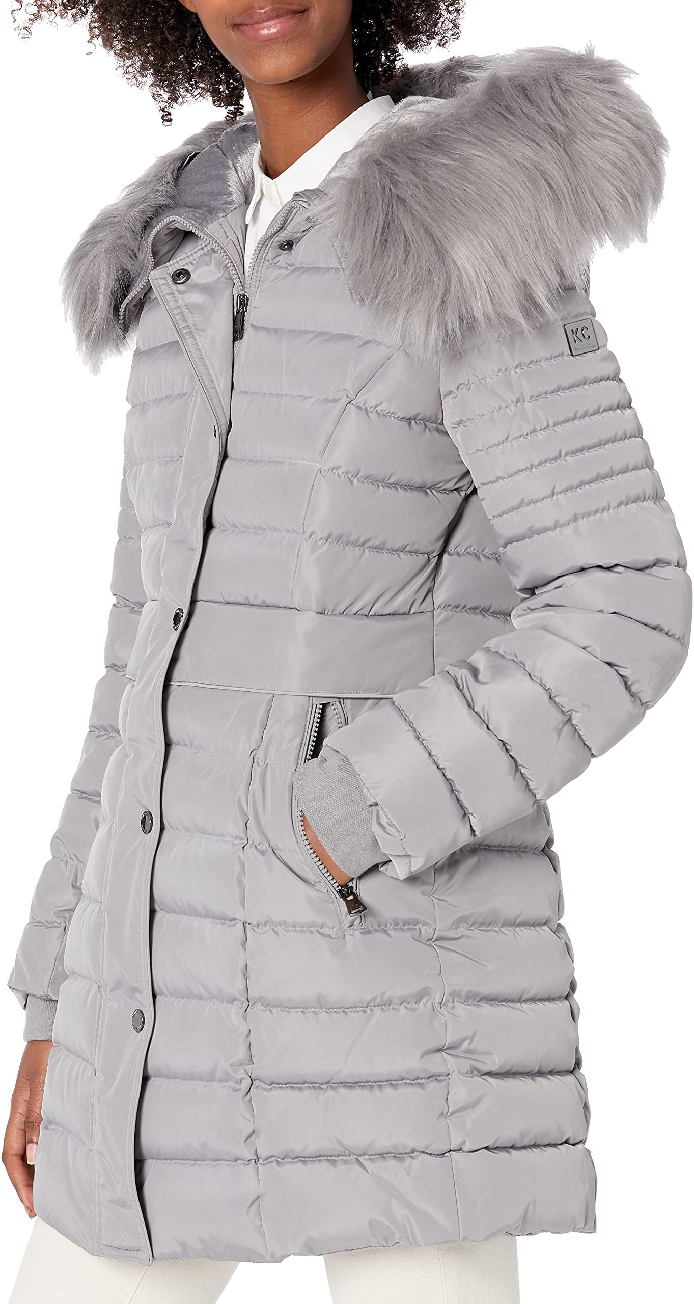 Kenneth Colewomens Waist Detail Faux Fur Trim Puffer Down Alternative Coat