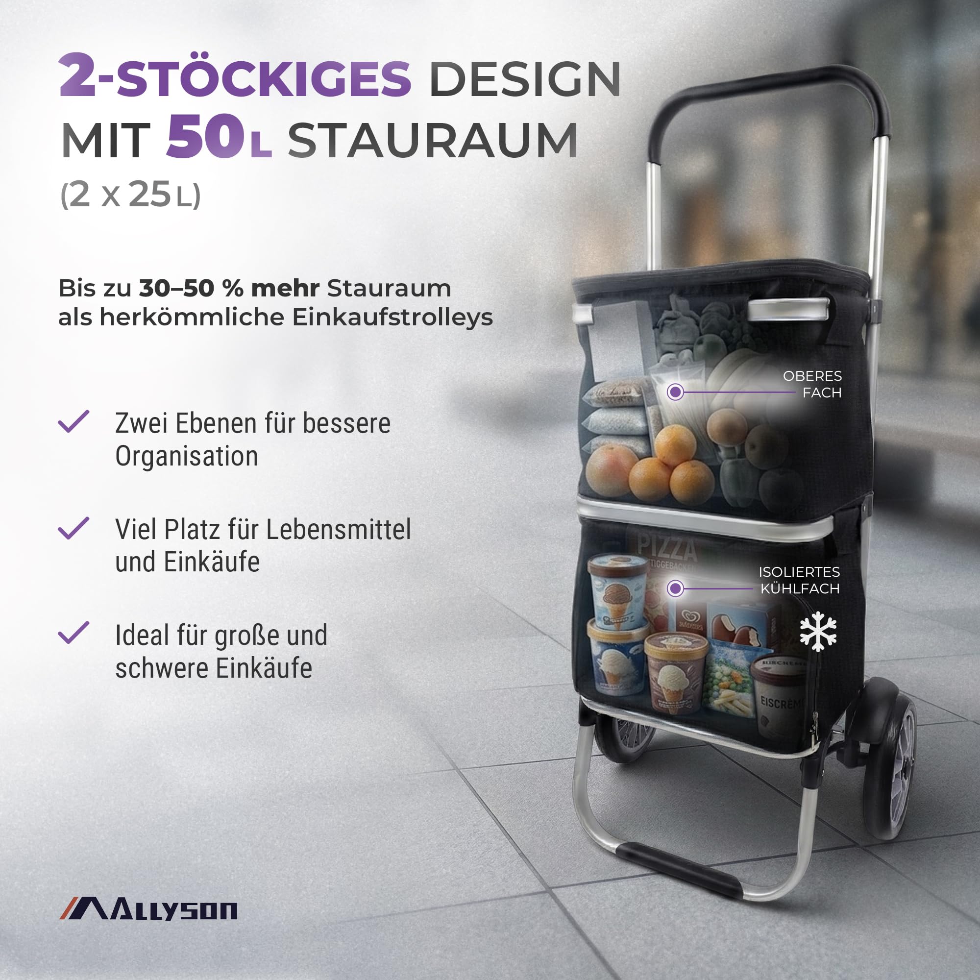 Allyson® Einkaufstrolley 50L Wasserabweisende Tasche mit Kühlfach Schwarz | Zwei Fächer, klappbar, stoßdämpfende Schaumstoffräder für Treppen, Aluminiumrahmen, geeignet für Wocheneinkauf