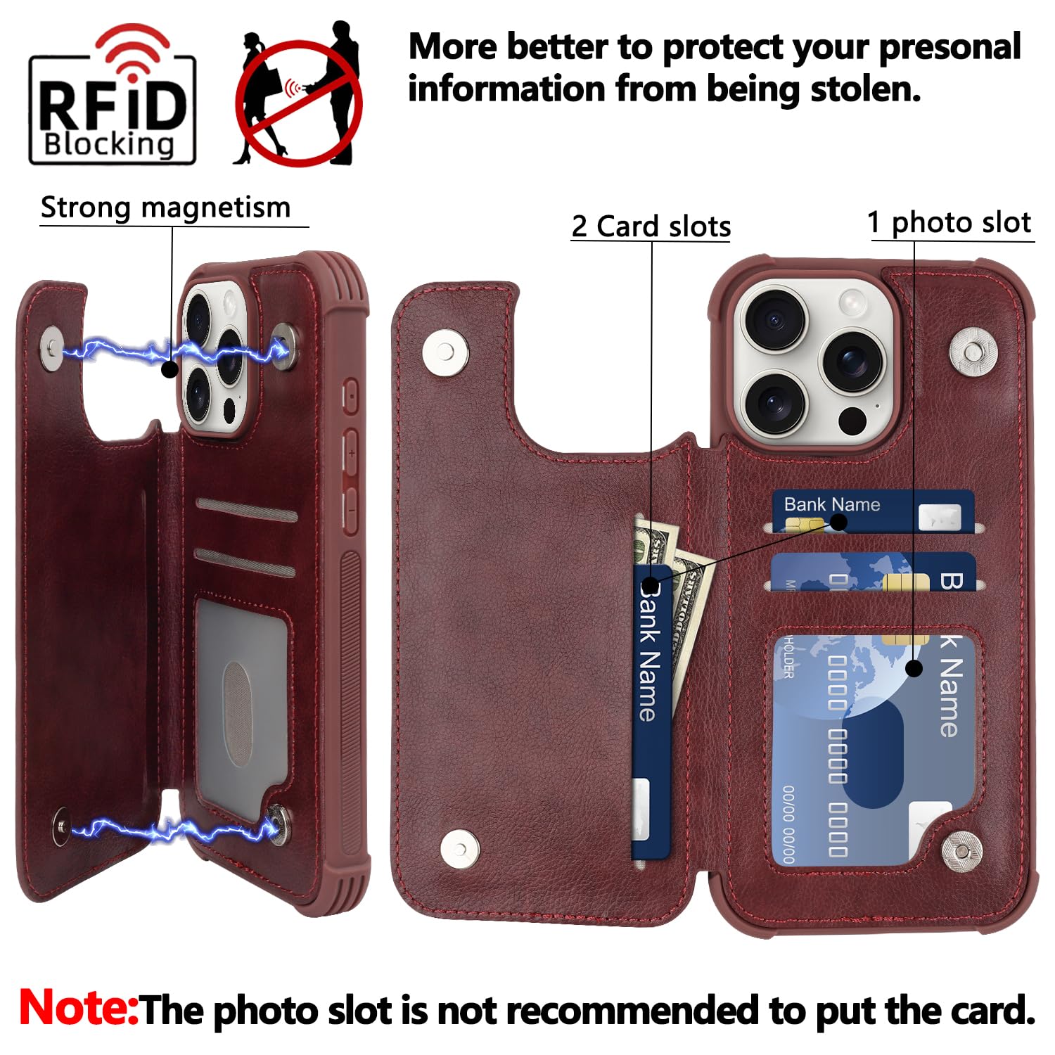VANAVAGY Compatible for iPhone 16 Pro Max Wallet Casewith Credit Card Holder,Rfid Leather Flip Folio Cover Fits Magnetic Car Mount and Stand with Screen Camera Protector,Burgundy - Image 3