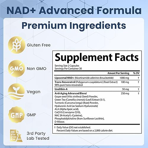 Miniatura 9 de Suplemento NAD con resveratrol y urolitina-A, complejo antienvejecimiento para mujeres y hombres. NAD Liposomal Plus, 1000 mg NAD+ Booster,