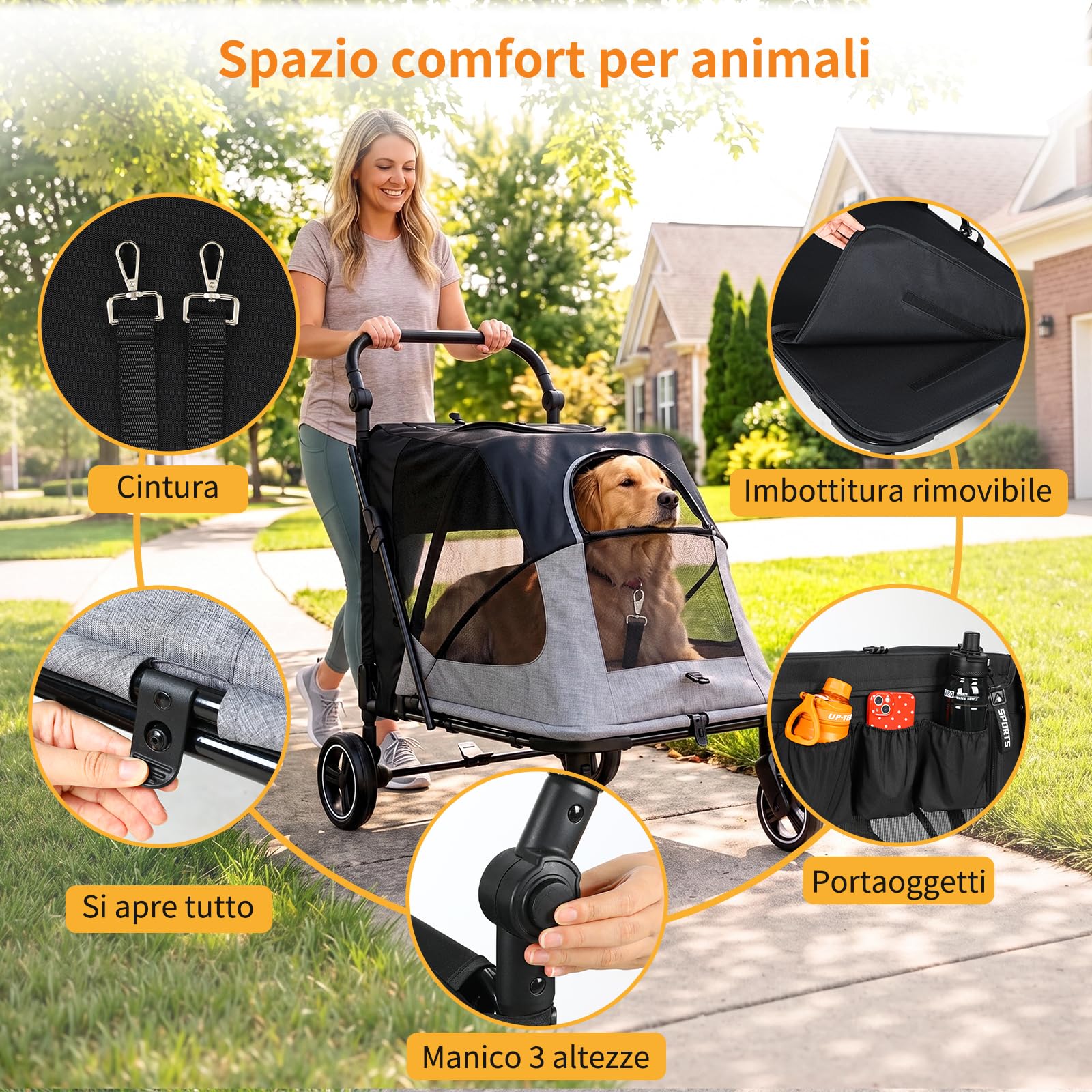 MAMIZO Passeggino per Cani Pieghevole, Carrello per cani gatti fino a 30kg | Passeggino con 2 ingressi, Finestre a rete, Lucernario, tasca posteriore, Manico regolabile,4 PCS ruote, cani media e grande
