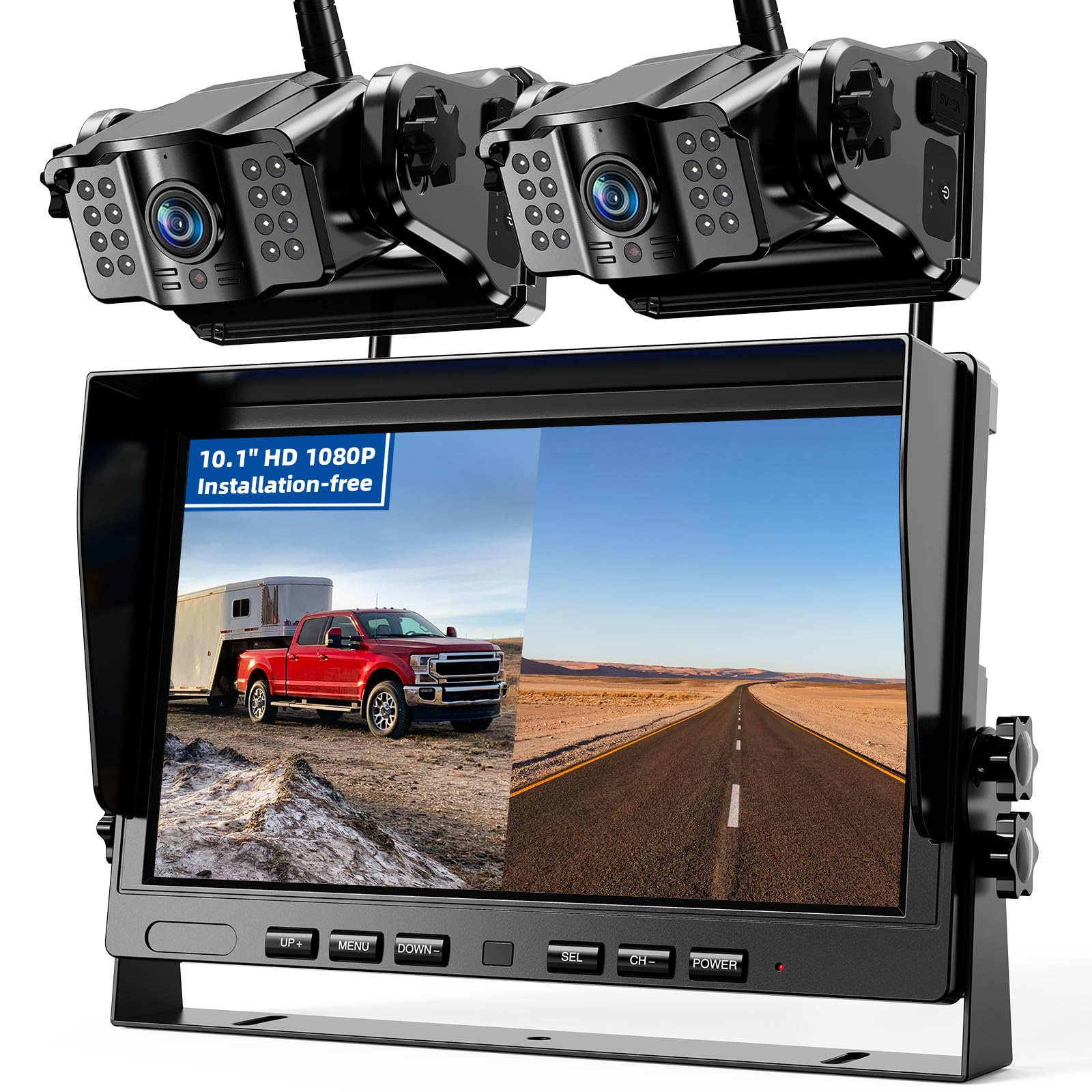 eRapta Magnetic Wireless Backup Camera Kit with HD1080P 10” DVR Monitor, Dual RV/Trailer/Truck/Tractor Cameras Wireless System, No Wiring, 9600mAh Rechargeable Battery, IR Night Vision-ACT1002