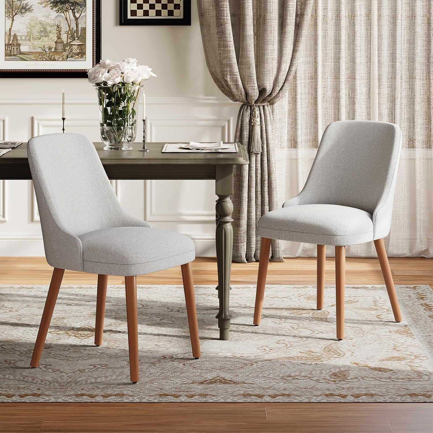 MALOL Dining Room Chair Set of 2, Upholstered Kitchen Chairs with Wood Legs, High-Back Padded Dining Chairs for Dining Room/Restaurant/Cafe, Light Grey