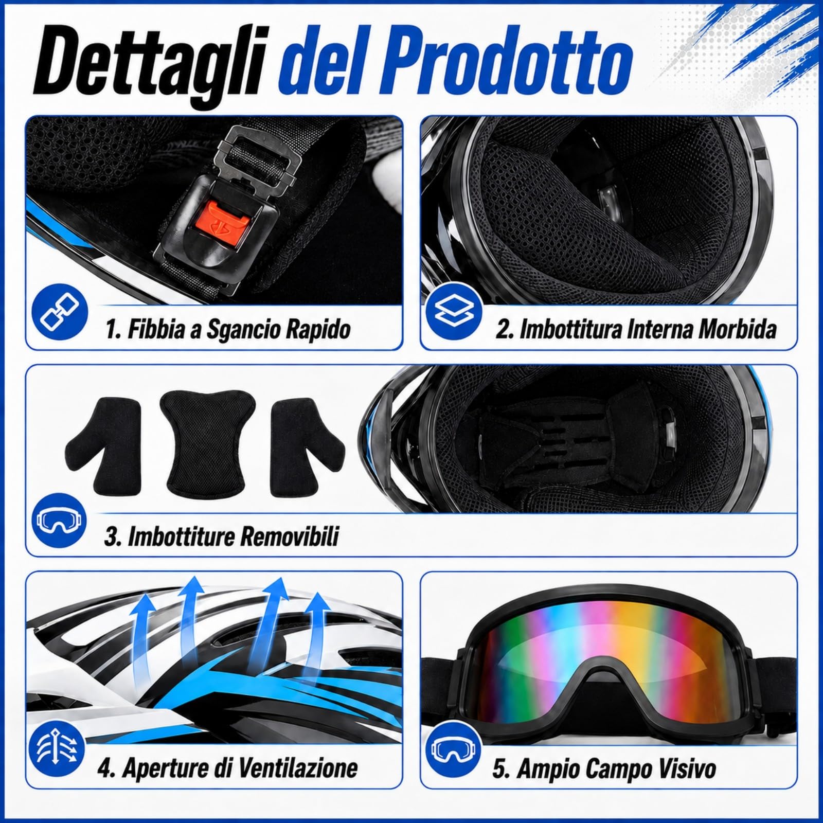 Casco Off Road Integrale bianco, nero e blu, Kit con 3 Accessori