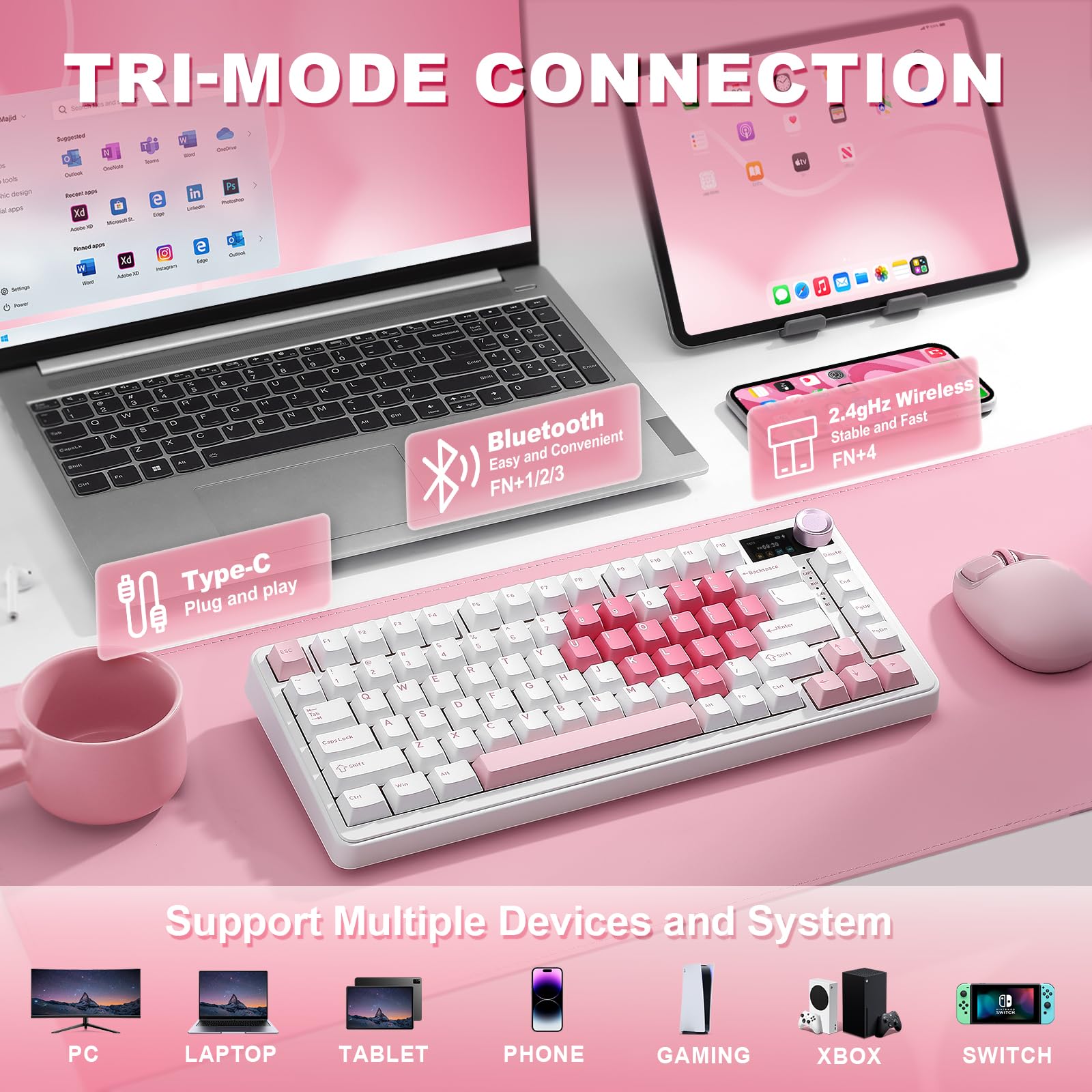 YUNZII B75 Pro MAX Teclado Mecánico Inalámbrico, Diseño 75% con Pantalla TFT y Control Giratorio, Hot Swap, QMK/Via, RGB, BT/USB-C/2,4G para Win/Mac (Corazón Blanco, Candy Switch) - 5