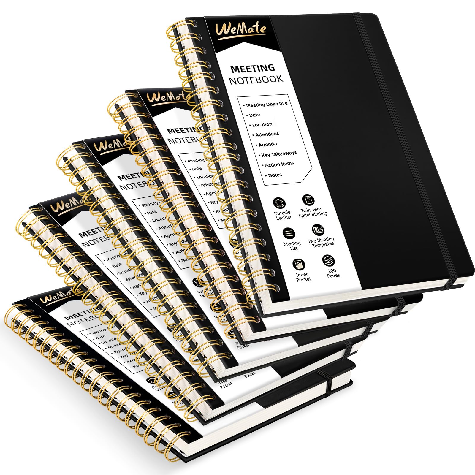 WEMATE Confezione da 5 quaderni per riunioni di lavoro (17,8 x 25,4 cm), 200 pagine, in pelle PU, con elementi d'azione e note, per personale e studenti, riunioni, pianificazione di progetti, set