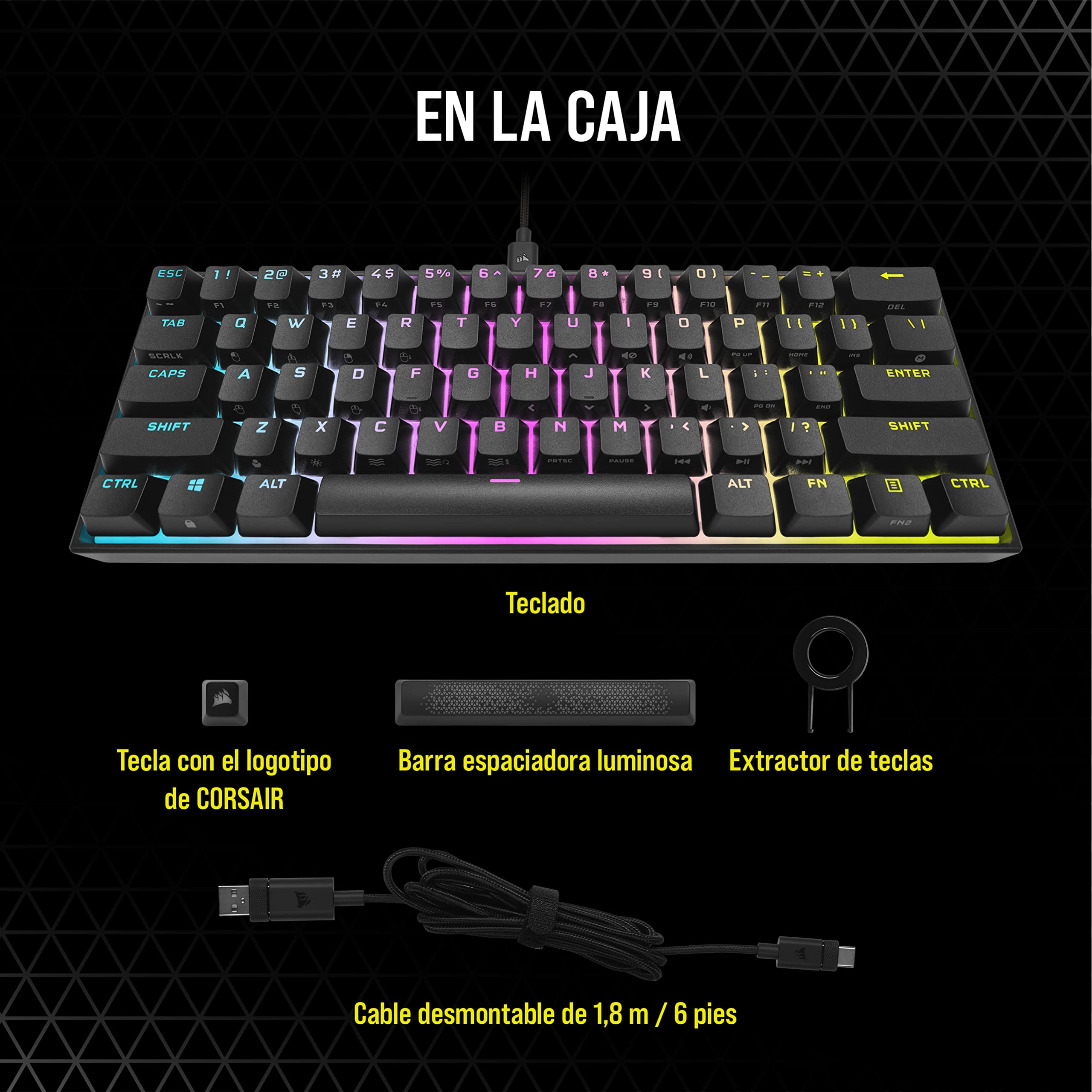 Corsair K65 RGB MINI 60% Teclado Mecánico con Cable para Juegos - Interruptores CHERRY MX ROJO - Teclados PBT Double-Shot - Compatible con iCUE - QWERTY ES - PC, Mac, Xbox - Negro