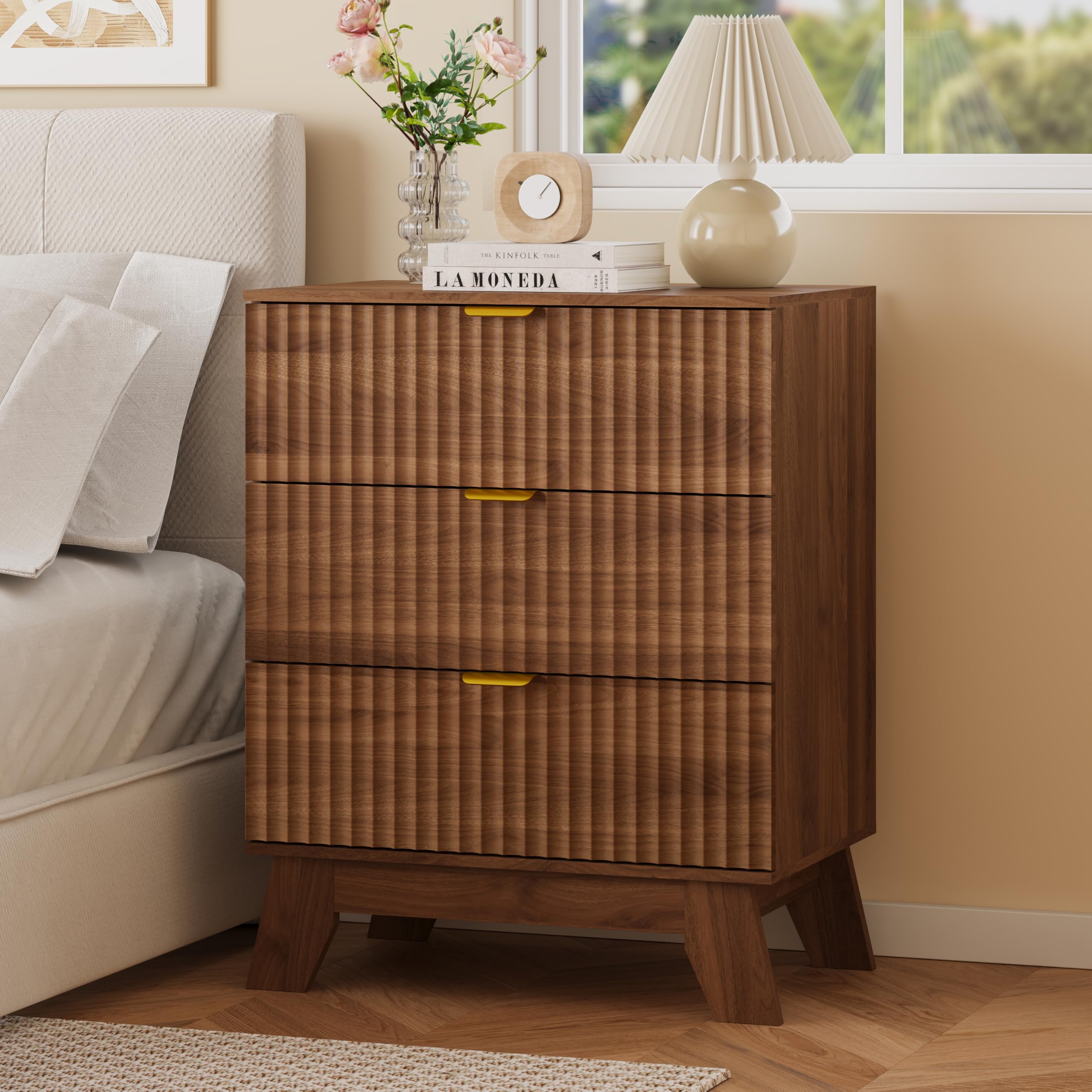 Nightstand with 3 Drawers, Fluted Bedside Table, 24" Wide, Walnut
