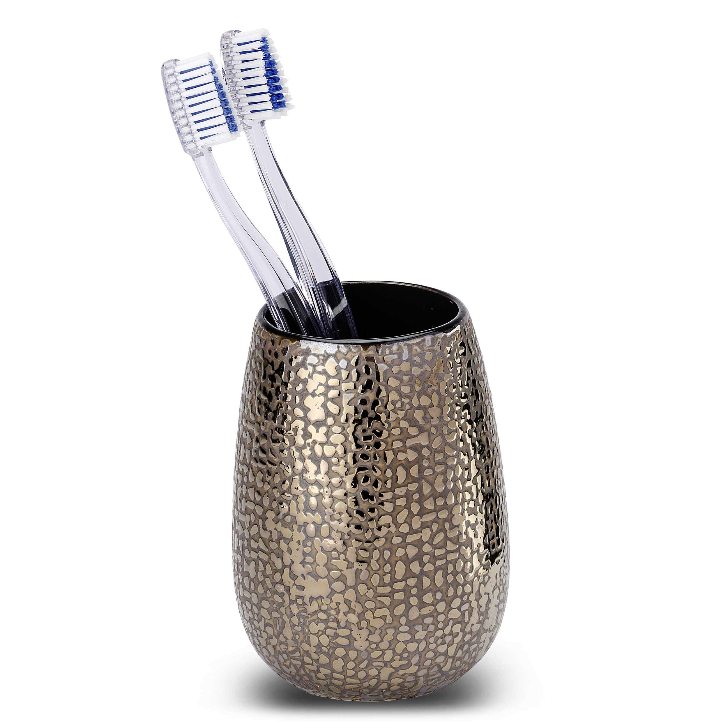 WENKO Zahnputzbecher Marrakesh Keramik - Zahnbürstenhalter für Zahnbürste und Zahnpasta, Keramik, 8.3 x 11.4 x 8.3 cm, Braun (Packung mit 2)