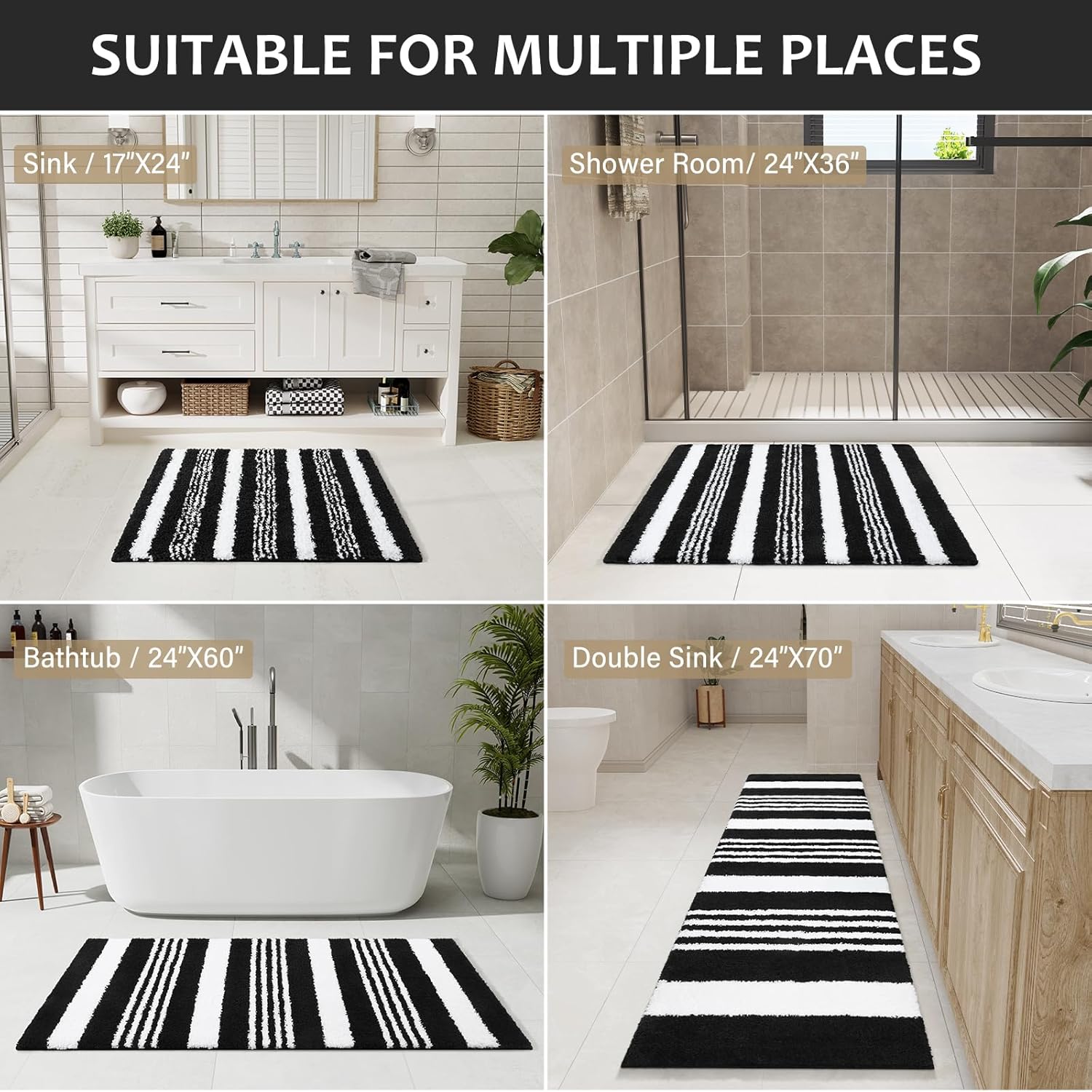 LOCHAS Long Bathroom Rugs Runner, 24" x 70" Large Bath Rug Non Slip Absorbent, Washable Microfiber Bathroom Mat Luxury Fluffy Soft, Shaggy Bath Mats for Shower Quick Dry, Black