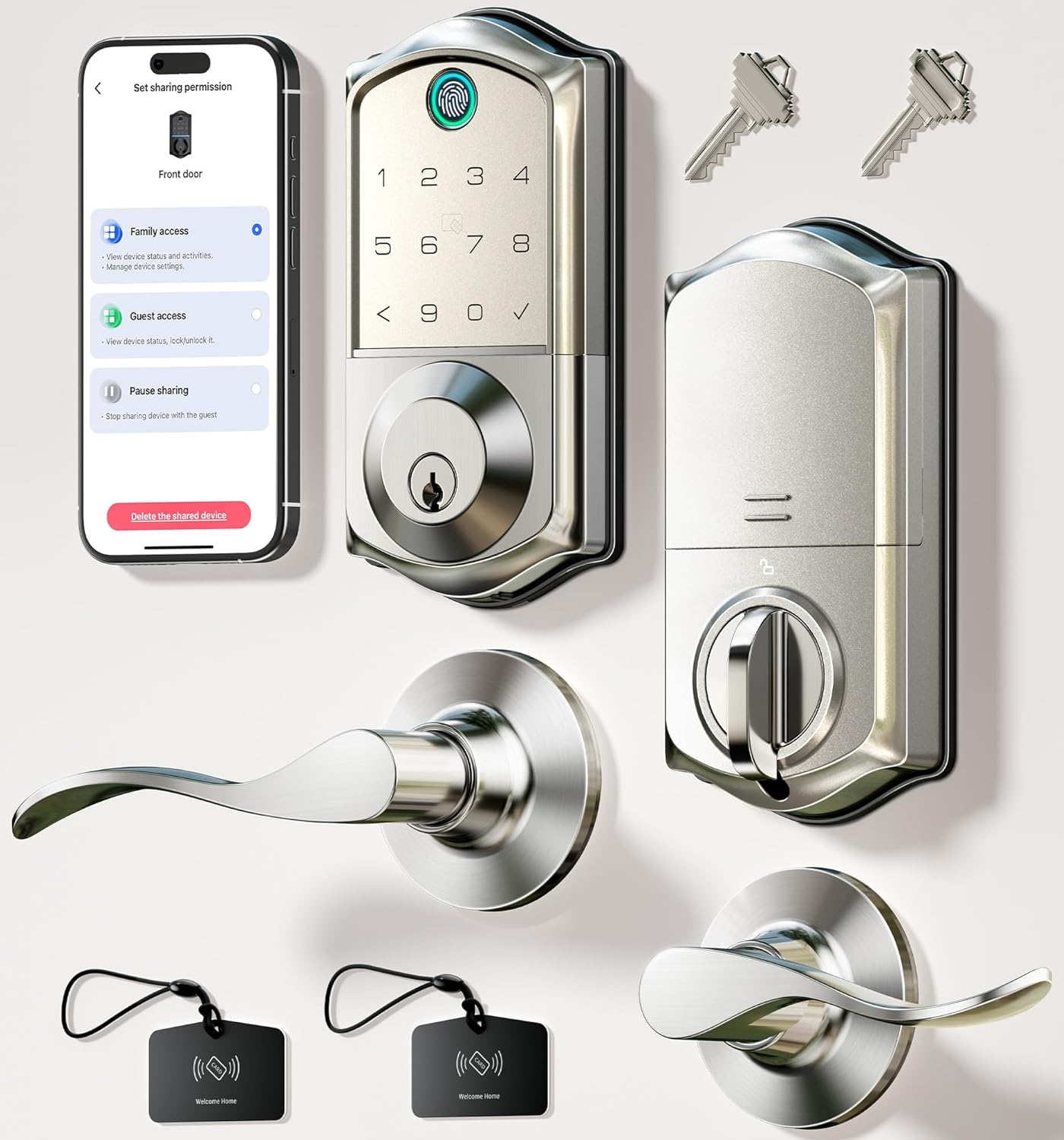 Veise VE017-L Fingerprint Smart Lock with 2 Lever Handles, Keyless Entry Front Door Lock Set, App Control, Electronic Digital Keypad Deadbolt, Easy Installation, Emergency Power Port, Satin Nickel