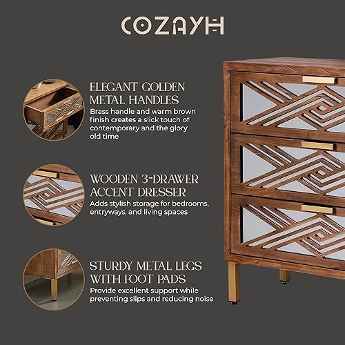 Miniatura 5 de COZAYH Cómoda decorativa de 3 cajones, organizador de cajones delanteros con espejo geométrico con asas y patas de metal, muebles modernos para sala