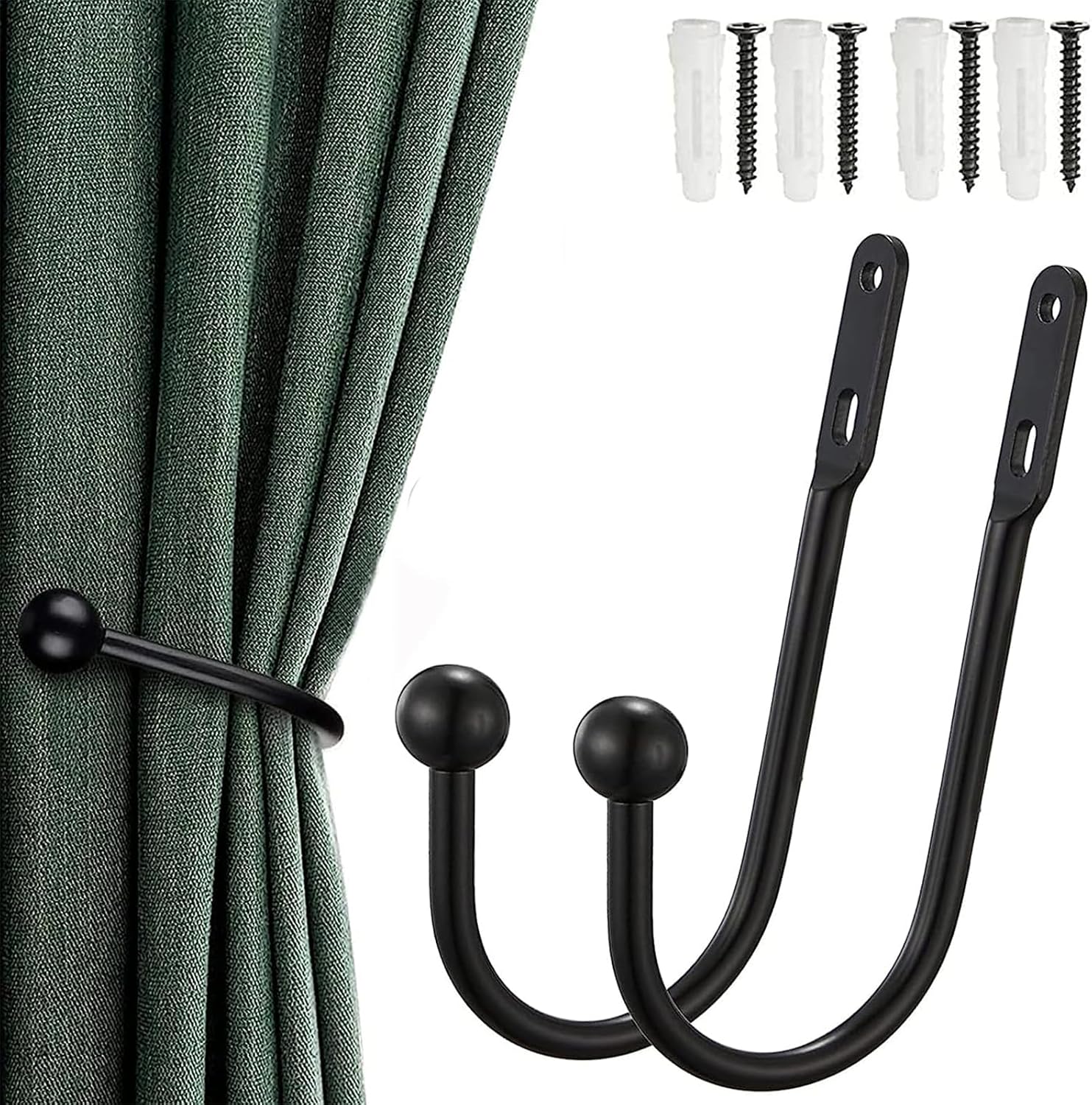 NHCDFA Curtain Tie Backs Hooks, 2PCS Curtain Holdbacks, Metal Black