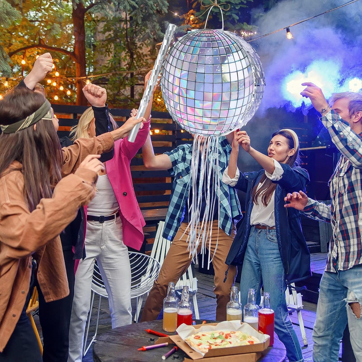 WERNNSAI Disco Ball Piñata - Disco Party Decoration for Adult Birthday Party Supplies Hanging Disco Piñata with Bat Blindfold Mirror Roller Skating Pull String, 12.2” x 12.2”