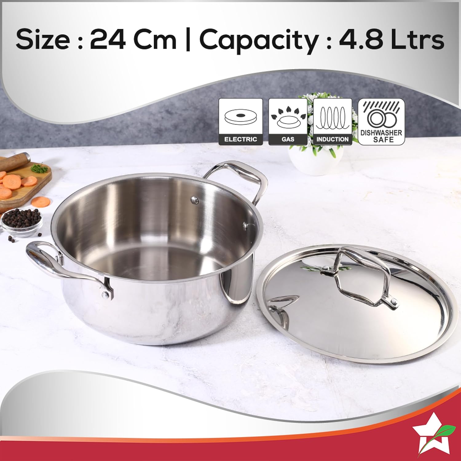 Wonderchef Nigella Tri-ply Stainless Steel 24 cm Casserole 2.6mm Thickness Induction Base Compatible with All cooktops Riveted Cool-Touch Handle 10 Year 4.8 Litres Silver