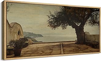 SIGNFORD Extra Large Framed Canvas Print Wall Art Vintage Seaside Courtyard with Tree and Benches Illustrations Modern Art Calm Warm for Living Room, Bedroom, Office - 60"x30"