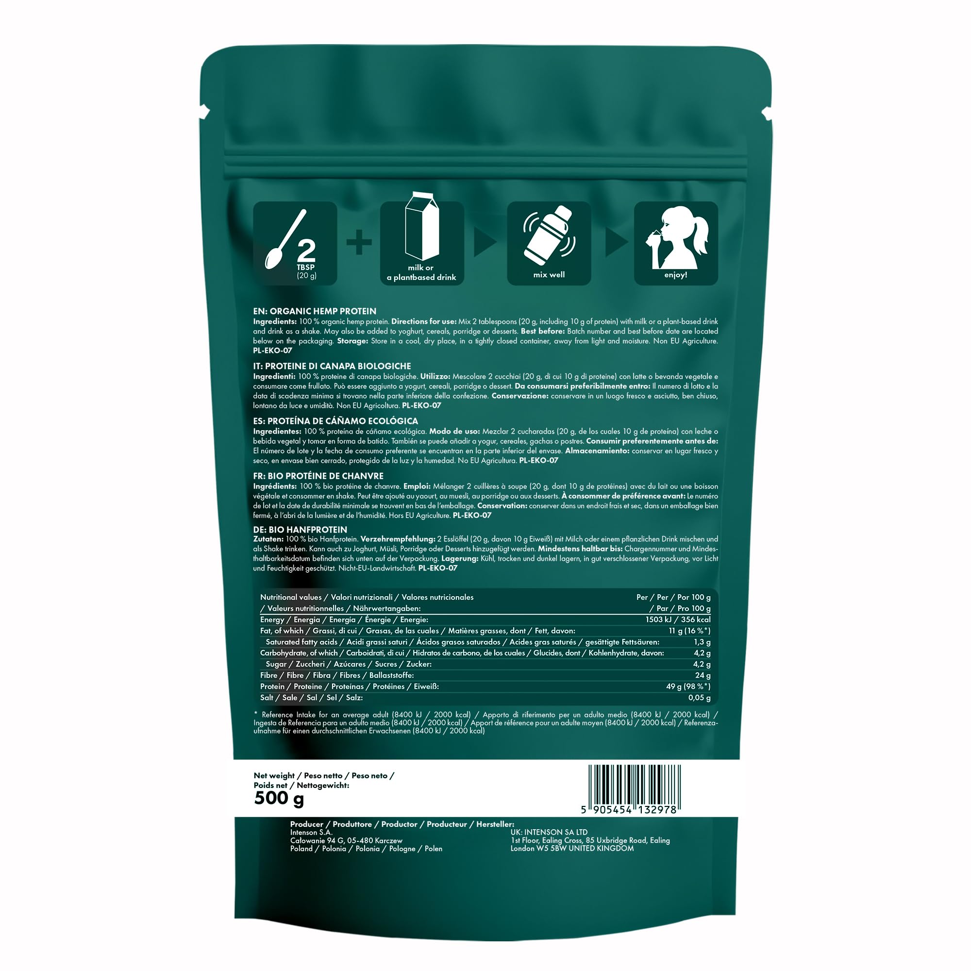 Intenson Proteine di Canapa Bio, 500 g, Biologico Certificato UE, Alto Contenuto Proteico, Supporta il Mantenimento e la Rigenerazione Muscolare, Vegano, Senza Glutine, Senza Additivi, Senza Lattosio