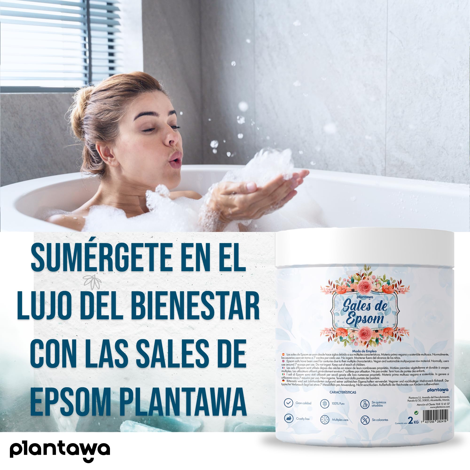 Sales de Epsom 2KG | Sales de Baño con Sulfato de Magnesio para Relajación Muscular | Aromaterapia Relajante, Baño Espumoso 100% Natural