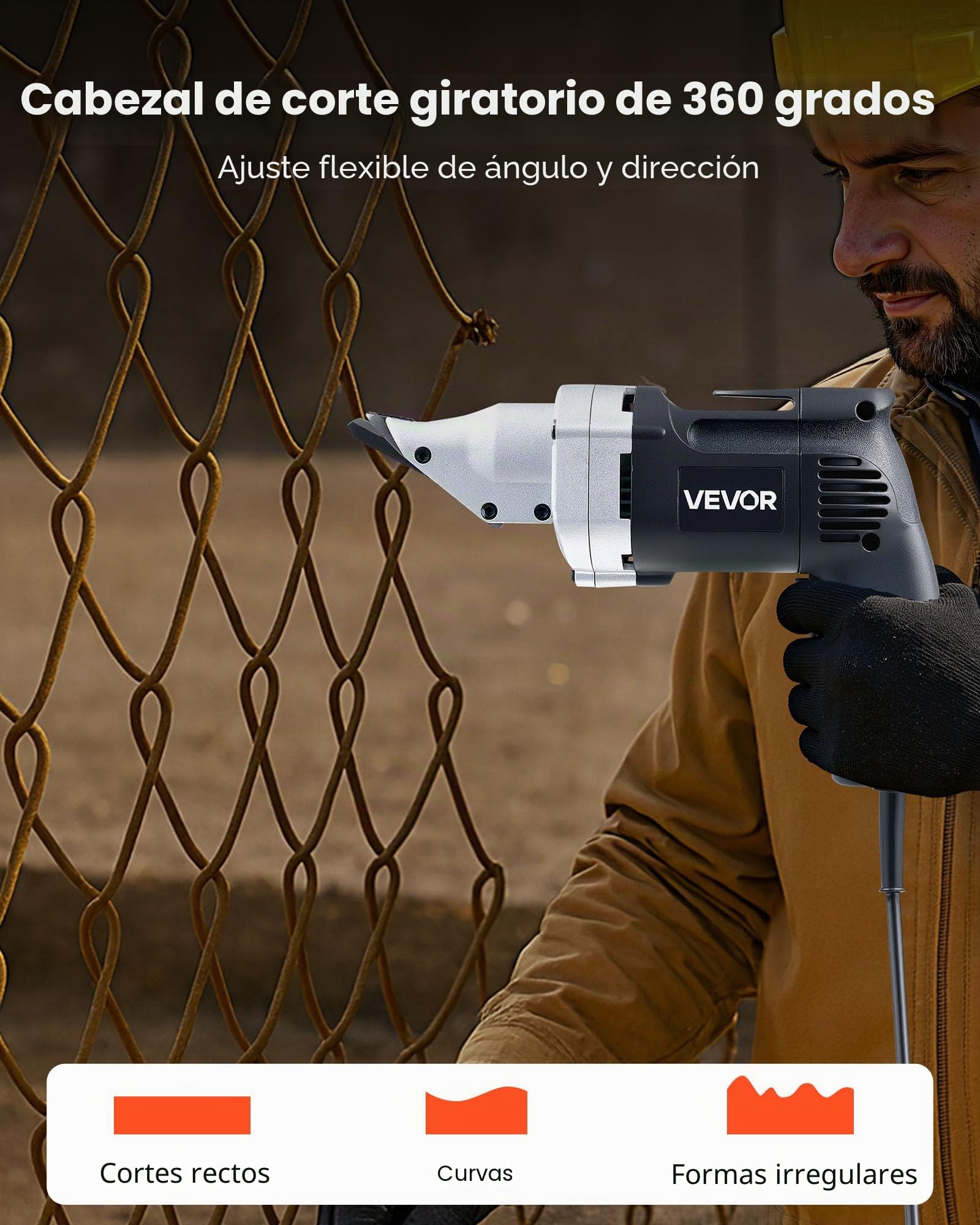 VEVOR Tijeras Eléctricas para Chapa Metálica, con Cable de 4.0 A, Cabezal Giratorio de 360°, Velocidad Variable, Corte Continuo y Limpio para Acero Galvanizado 1,22 mm y Acero Inoxidable 1 mm