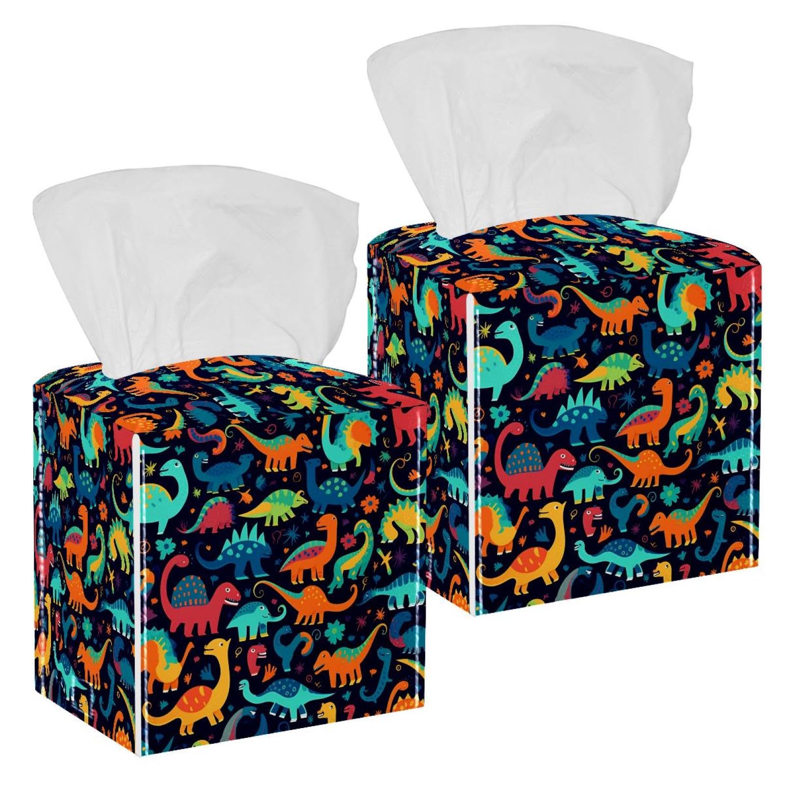 Cartoon Dinosaur Tissue Box Cover, 2 Pack PU Leather Square Facial Tissue Dispenser Box holder for Home Office Car