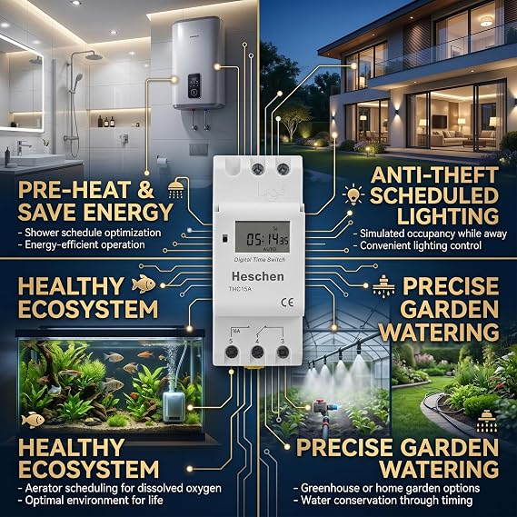Heschen DC24V 16A Programmable LCD Timer Switch for 35mm DIN Rail, THC15A | Features 28 ON/OFF settings, 15 weekly combinations, and a 3-year battery backup