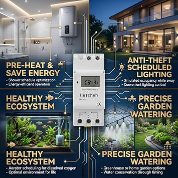 Heschen DC24V 16A Programmable LCD Timer Switch for 35mm DIN Rail, THC15A | Features 28 ON/OFF settings, 15 weekly combinations, and a 3-year battery backup