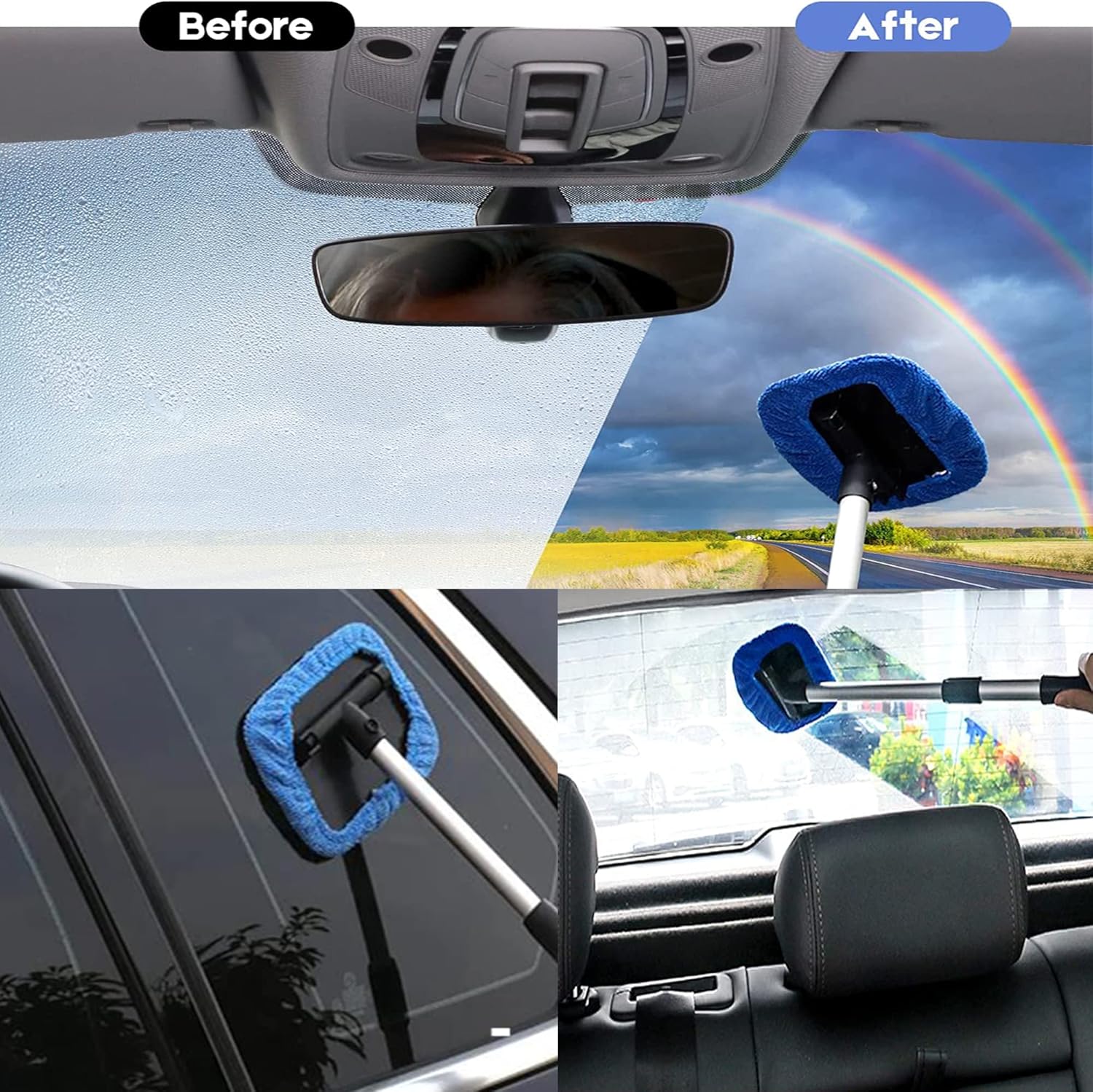 Windshield Cleaner Tool Car Window Cleaner Inside Windshield Wiper Brush Tool Scalable and rotatable Long Handle (22inch) with Washable Microfiber Cloths Pads 4 Windshield Cleaner Tool Car Window Cleaner Inside Windshield Wiper Brush Tool Scalable and rotatable Long Handle (22inch) with Washable Microfiber Cloths Pads