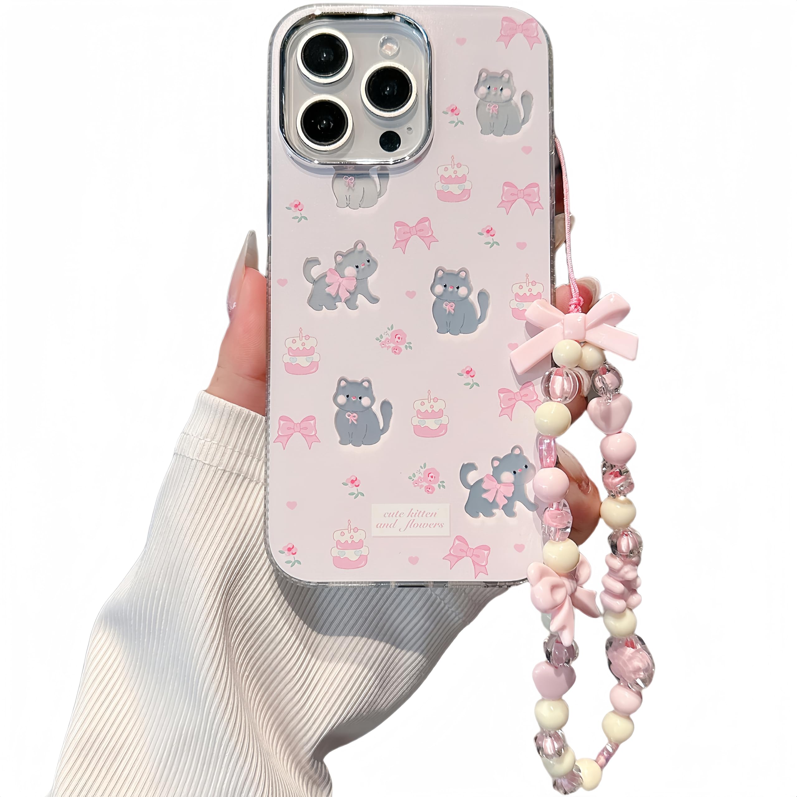 Pretaco Compatible with iPhone 14 Case, Cute Cartoon Kitty Pink Bow Cake Flower Pattern with Cute Pink Cat Bracelet White for Women and Girls