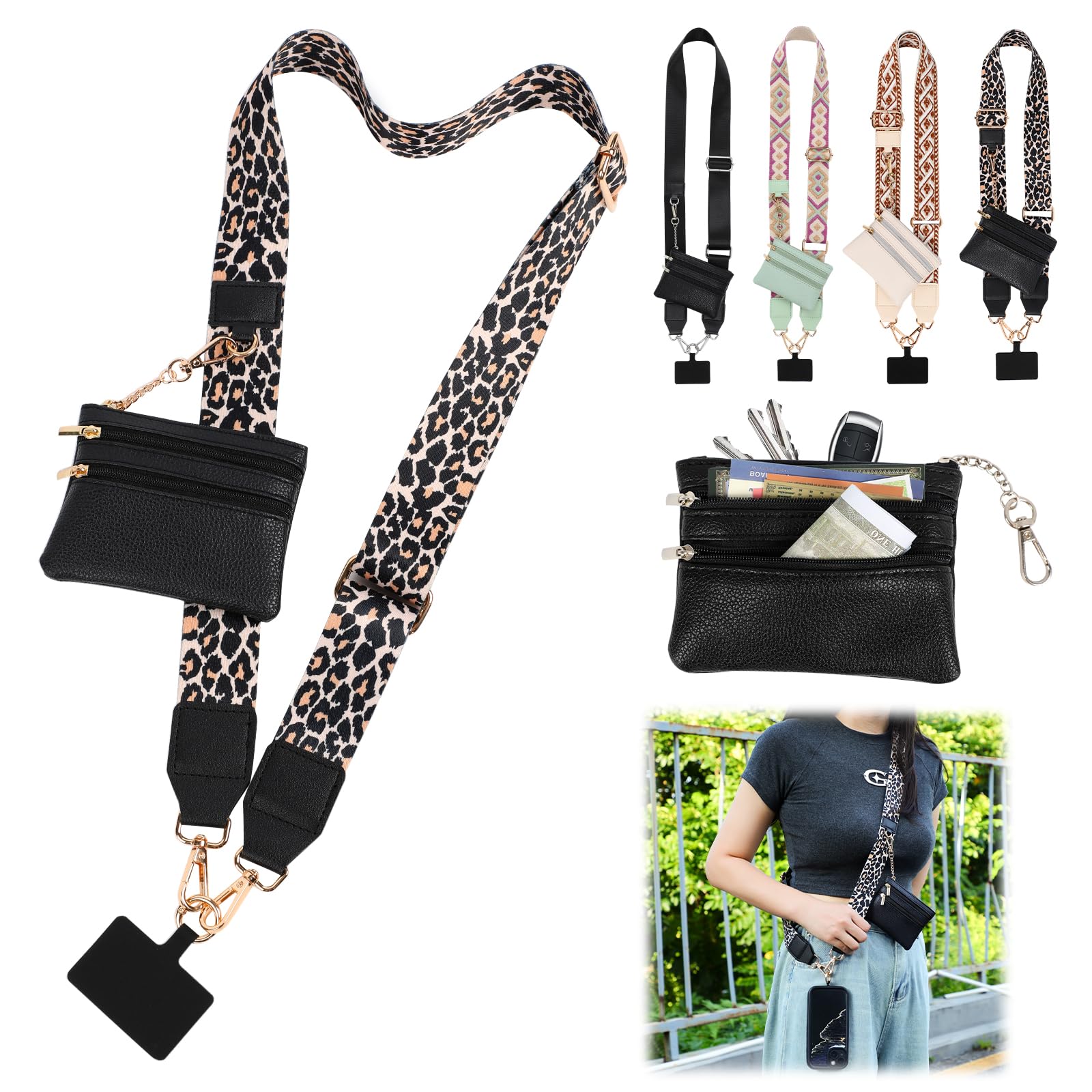 YOUSHEME Clip and Go Strap for Phone with Wallet Crossbody,Phone Strap with Zippered Pouch, Adjustable Crossbody Phone Strap with Leather Wallet for All Phones (Leopard)