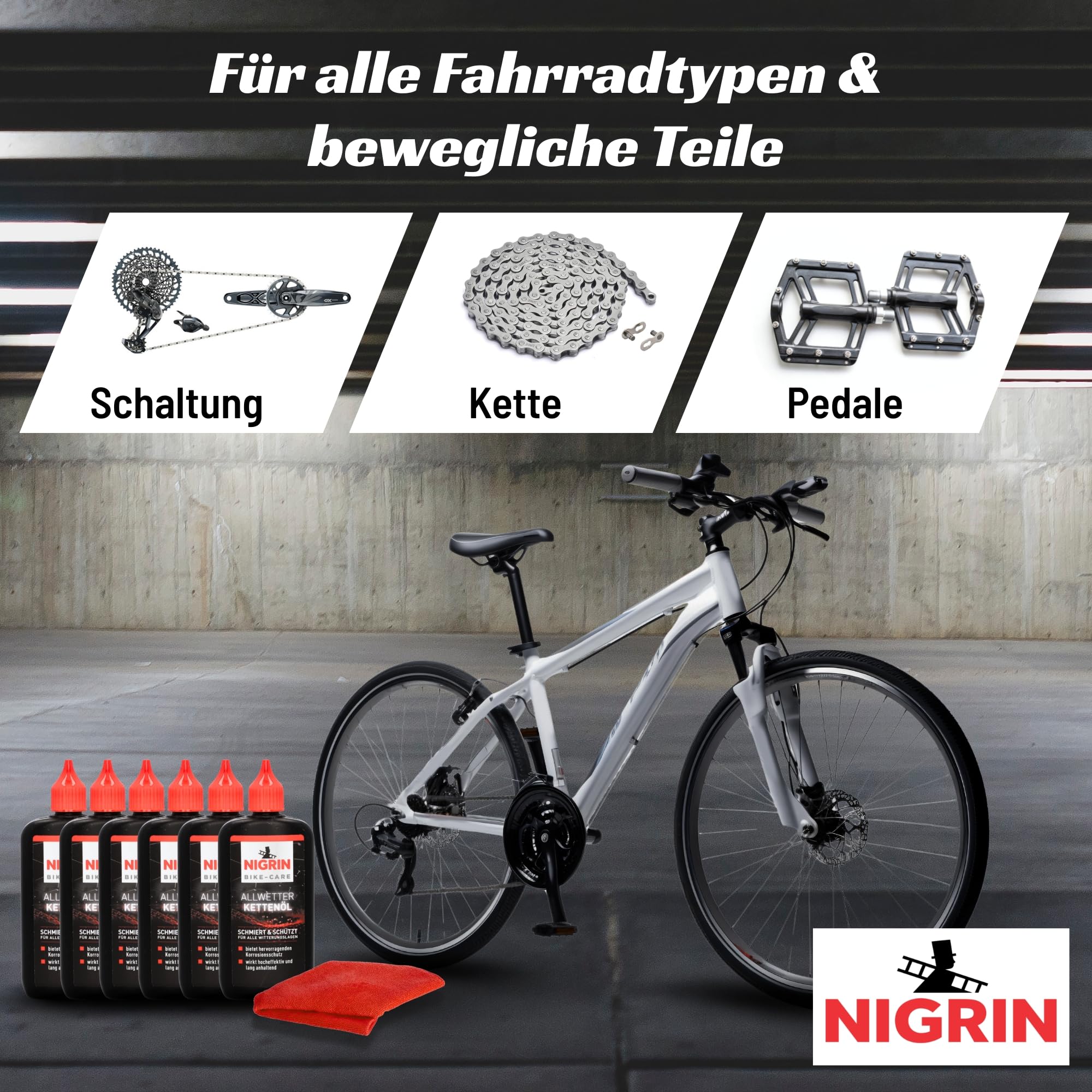 NIGRIN BIKE-CARE Lot de 6 huiles de chaîne toutes saisons 100 ml (6 x 100 ml) – Lubrifiant pour chaînes de vélo par tous temps – Réduit les frottements, protège contre la rouille, pour vélo électrique