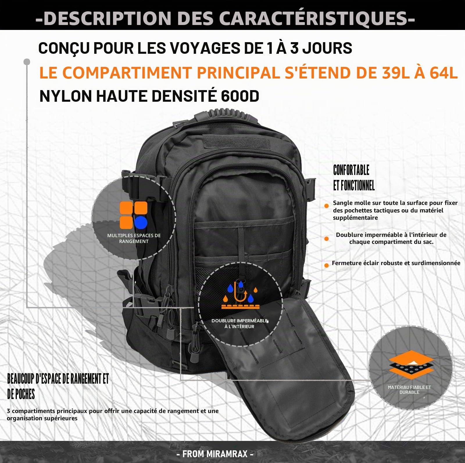 Miramrax Sac à dos tactique militaire – Sac à dos d'assaut pour homme – Sac à dos Molle - Sac à dos de 3 jours pour la randonnée