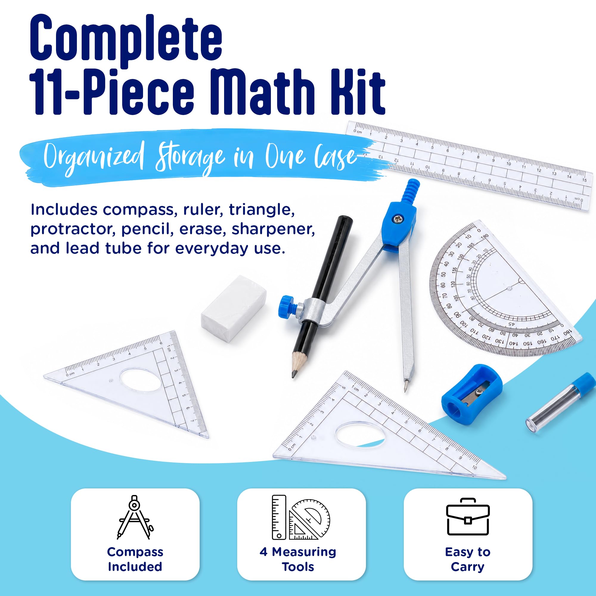 Pointer Mathematik-Set, 11-teilig, Geometrie-Set, inklusive Kompass, Lineal, Winkelmesser und mehr, 1 zufällige Pastellfarbe aus 4 Optionen, Geometrie-Set für Schüler