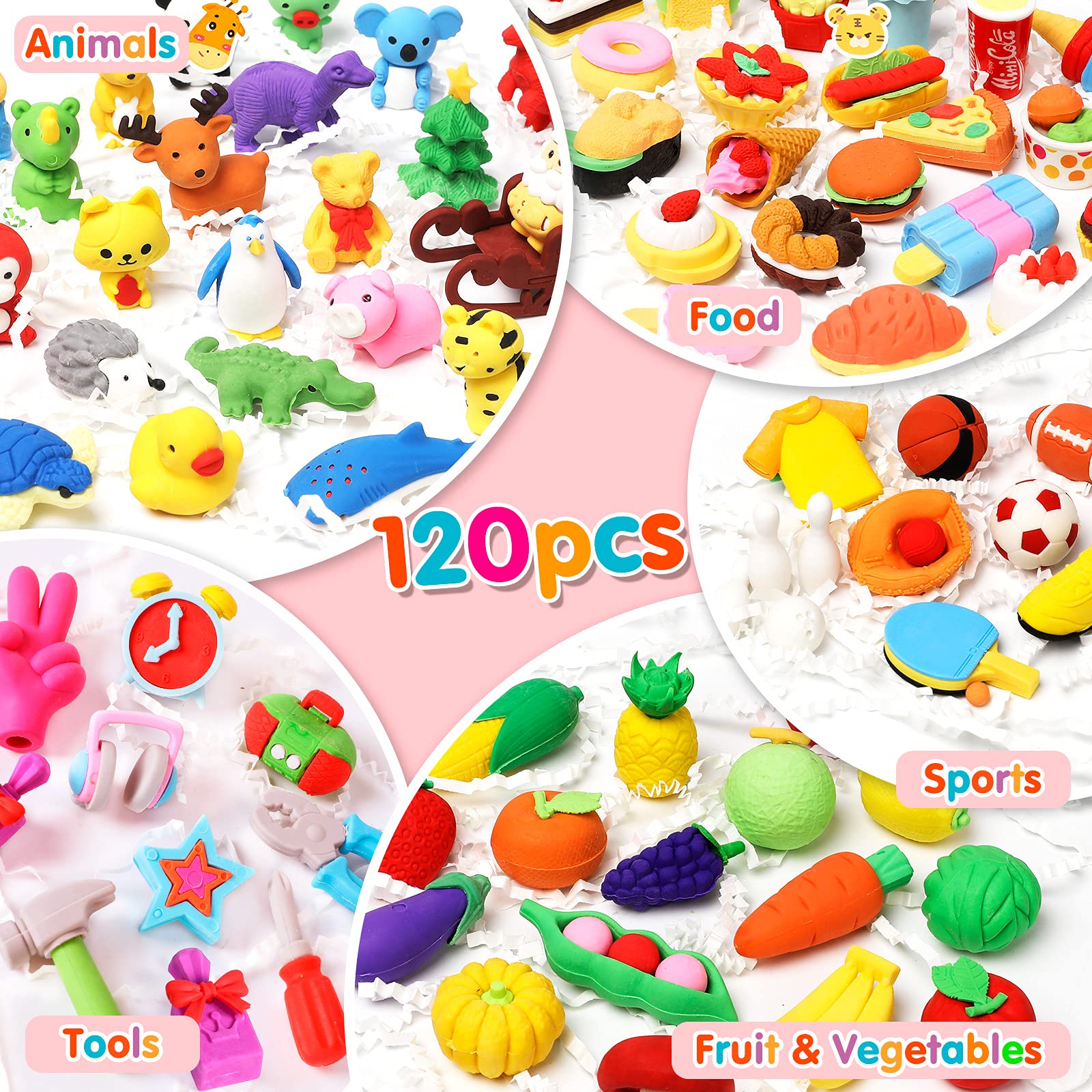 Moosia 120 Pack Animal Erasers for Kids Bulk Pencil Erasers Toy 3D Mini