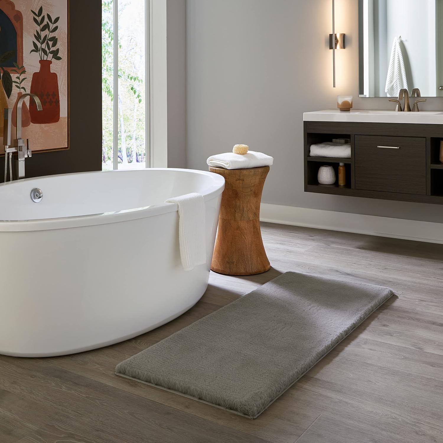 Home-Complete Faux Fur Bath Mat – 24x60-Inch Nonslip Jacquard Faux Fur Washable Rug for Bathroom or Kitchen, Gray LARGE Grey