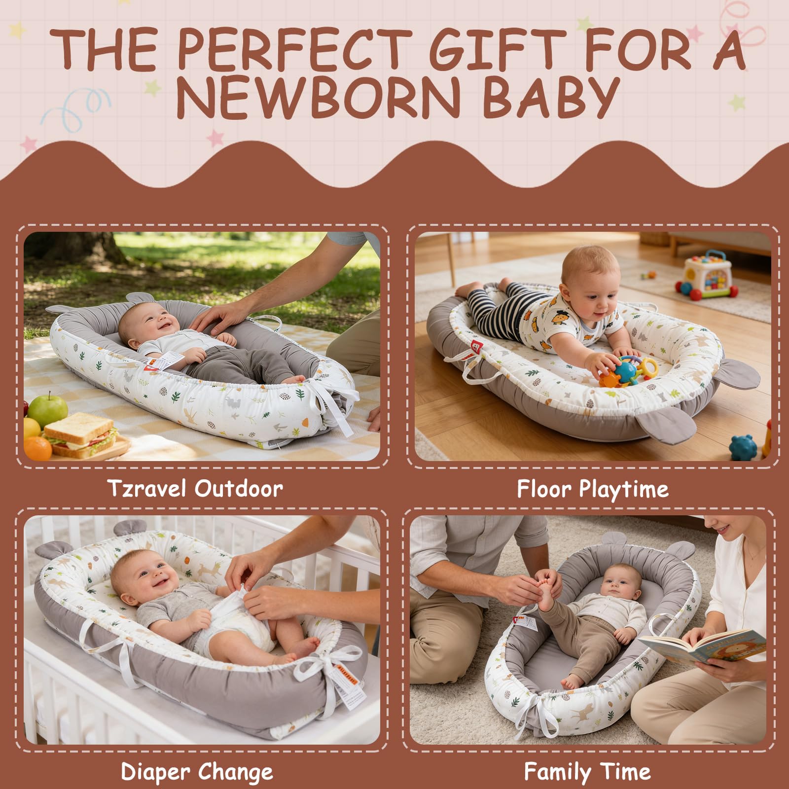 Huracan Baby Nestchen für Neugeborene, Babynest Weiches Kuschelnest aus 100% Baumwolle, Doppelseitig Baby Nest Inkl. Decke & 5 Waschlappen, Maschinenwaschbar, Tragbar Baby Bett für zuhause & unterwegs