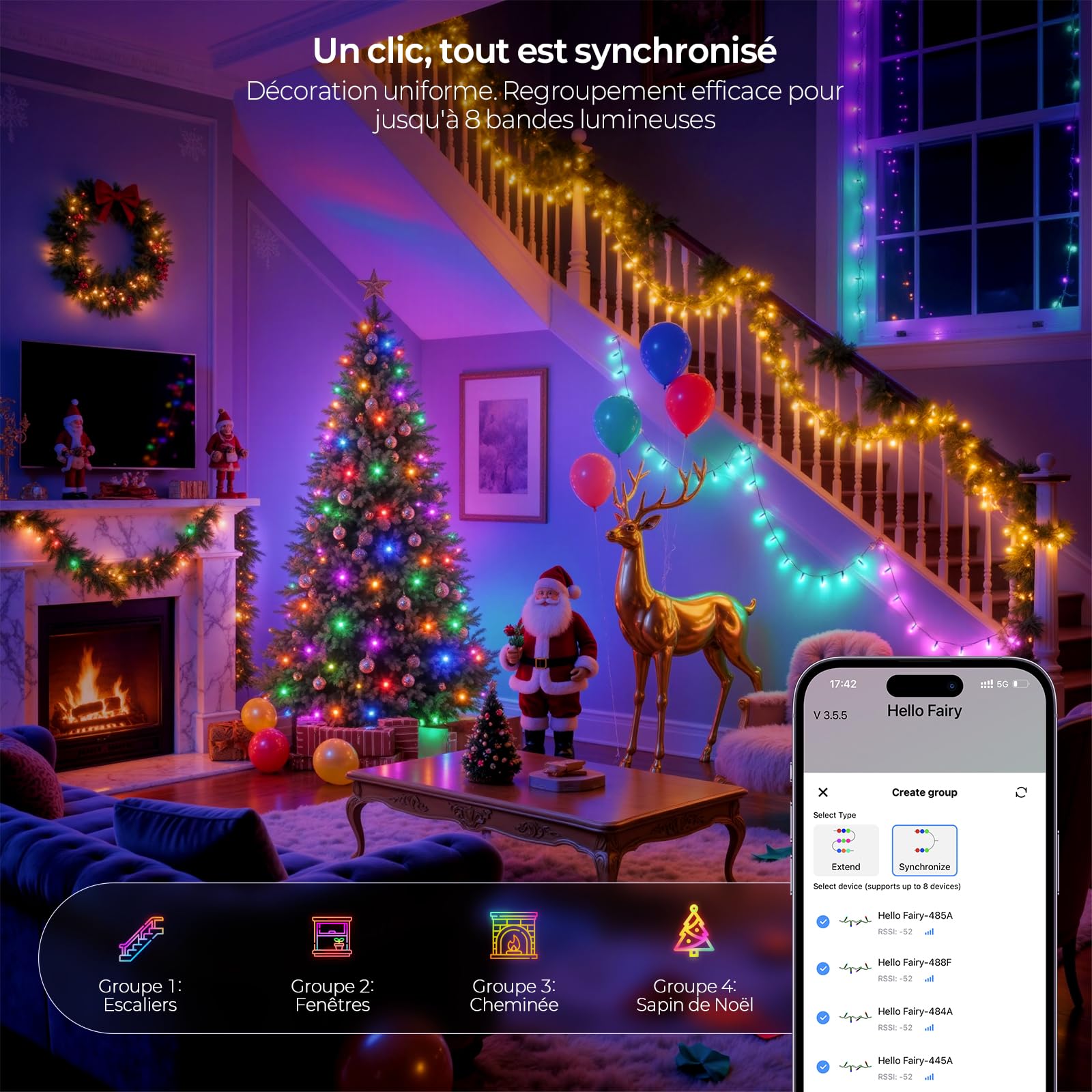 YAYZA! Guirlande Lumineuse Sapin de Noël Intelligente 30m, 300 LEDs RGB 16M de Couleurs, App & Télécommande, Pour Intérieur et Extérieur IP44, Décoration de Noël et Fête
