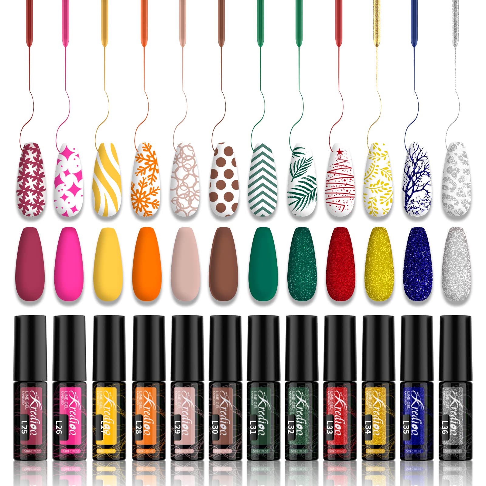 Nail Art Gel Liner Polish-12pcs Soak off UV Gel Polish Glitter Red Gold Silver Green Brown Autumn Winter Colours, Built-in Thin Pens Brush for Nail Art Swirl Paint, Christmas Gifts