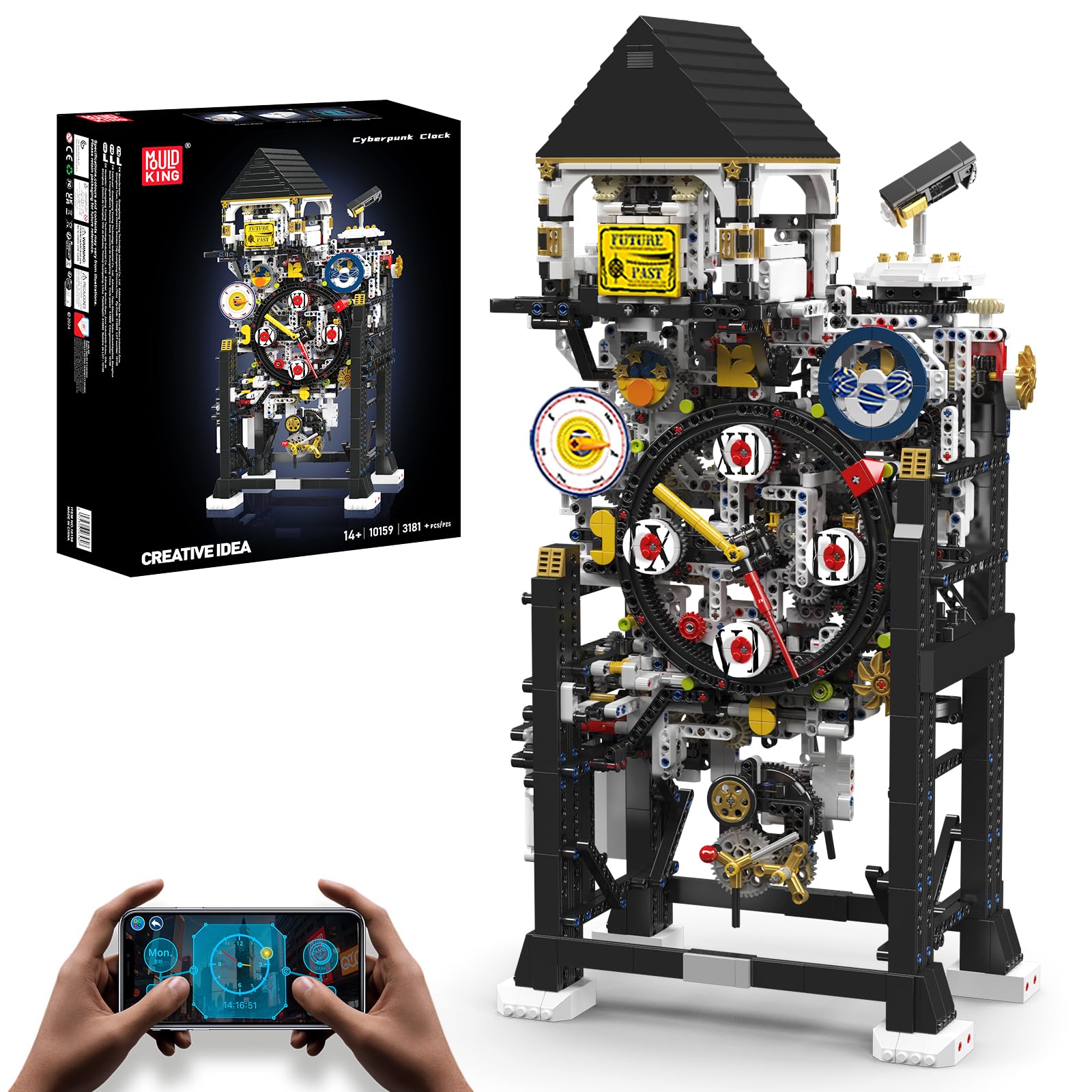 Mould King 10159 Cyberpunk Mechanische Bausteinuhr - Bewegliches Zahnrad Steampunk Bausatzmodell Kreative Dekorationsfigur,DIY-Bausteinspielzeug APP ferngesteuert Klemmbausteine Bausatz (3181+Teile)