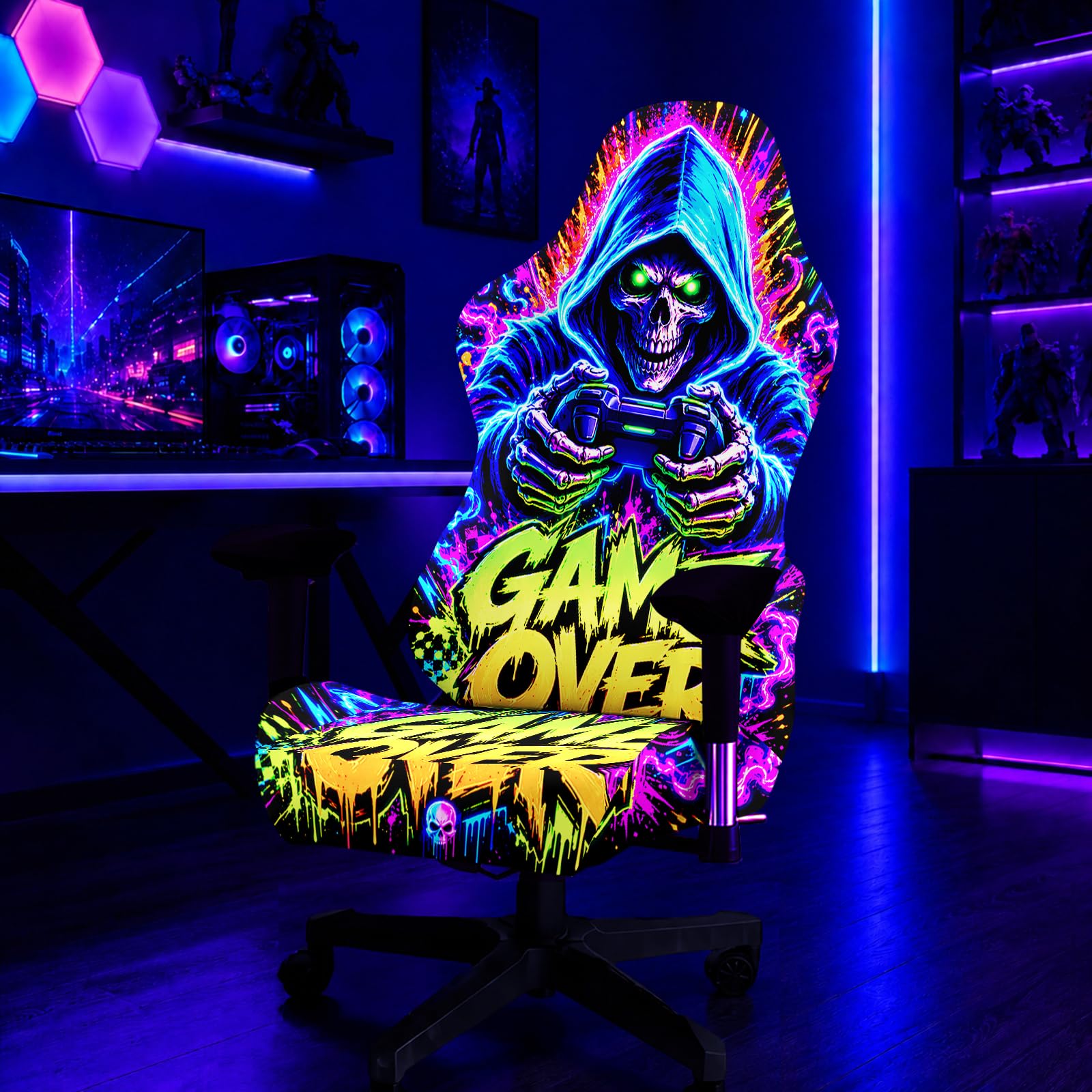Simpkeely Blacklight Skull Gaming Chair Cover, Computer Chair Slipcover — image 1