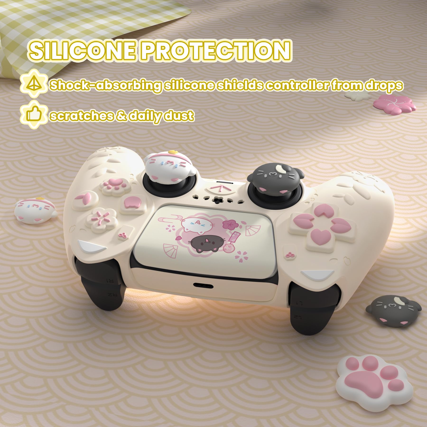 PlayVital Hülle für PS5 Controller, Kätzchen Serie Süße Schutzhülle für PS5 mit 3D Katzenohren, Daumengriff & Aufkleber, Kompatibel mit Ladestation, Anti-Rutsch, Antikgelb