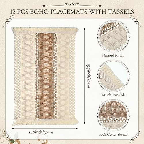 Miniatura 2 de Zhehao Juego de 12 manteles individuales bohemios de arpillera de algodón natural y hierba, manteles individuales con borlas, cuentas de madera,