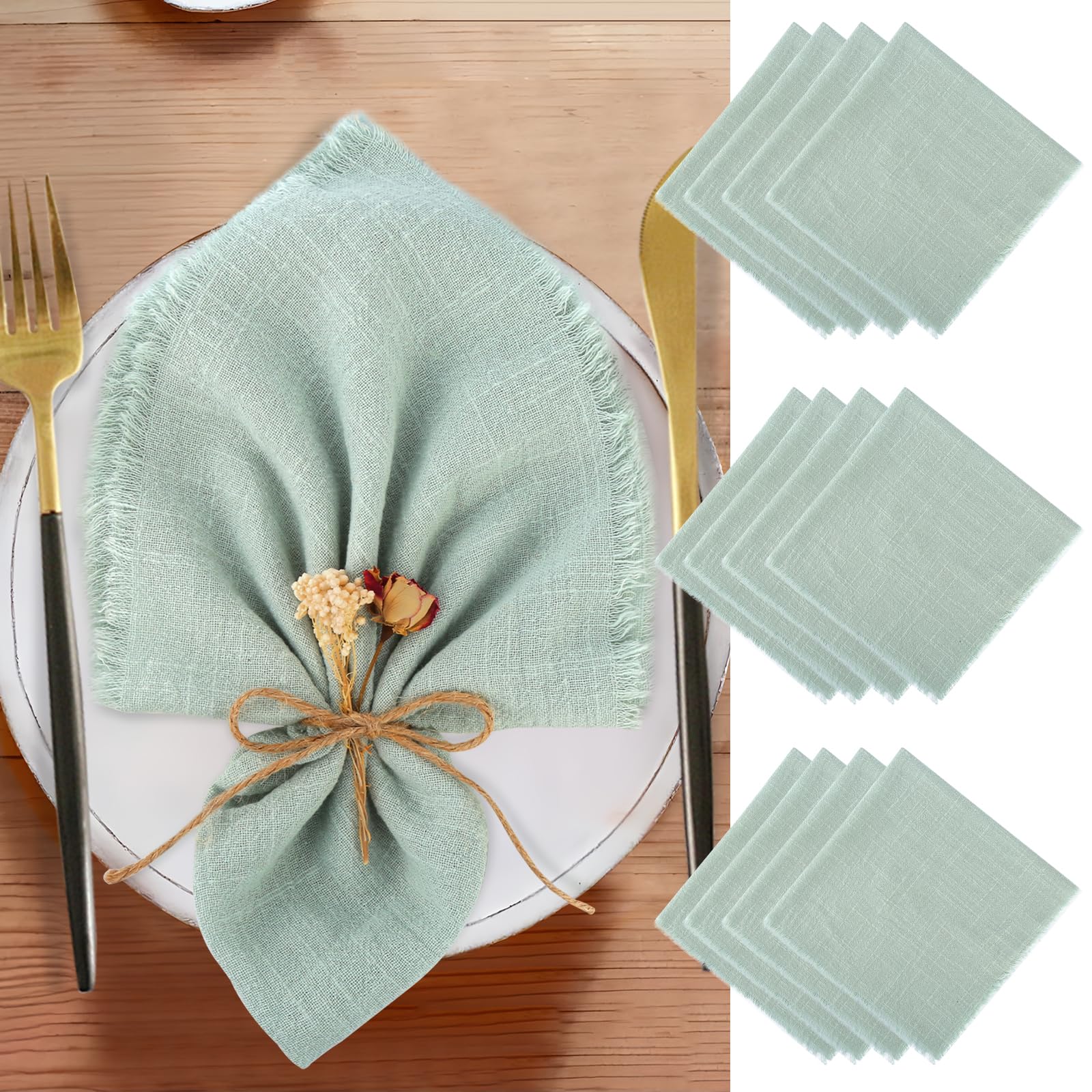 12 Piezas Servilletas de Tela, 42 x 42cm Servilletas de Tela Algodon, Reutilizable Servilletas de Tela Lino, Servilletas Boda Verde con Flecos para Bodas, Cumpleaños, Mesa