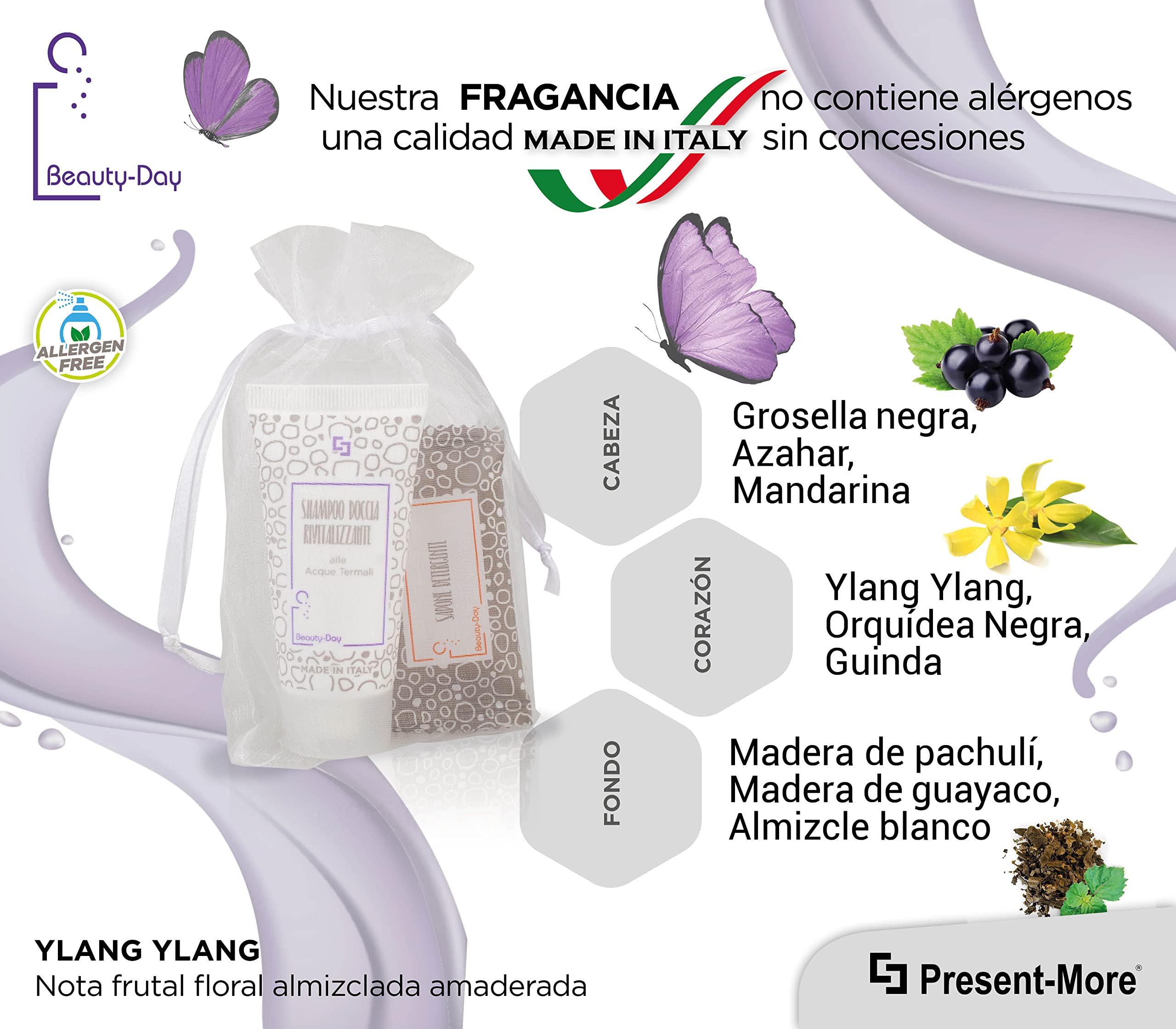 Present-More Amenities baño Beauty-Day Italy - Prestige Kit Línea de cortesía huéspedes de Hoteles y B&B | Amenities baño sin alérgenos con fragancia Ylang Ylang