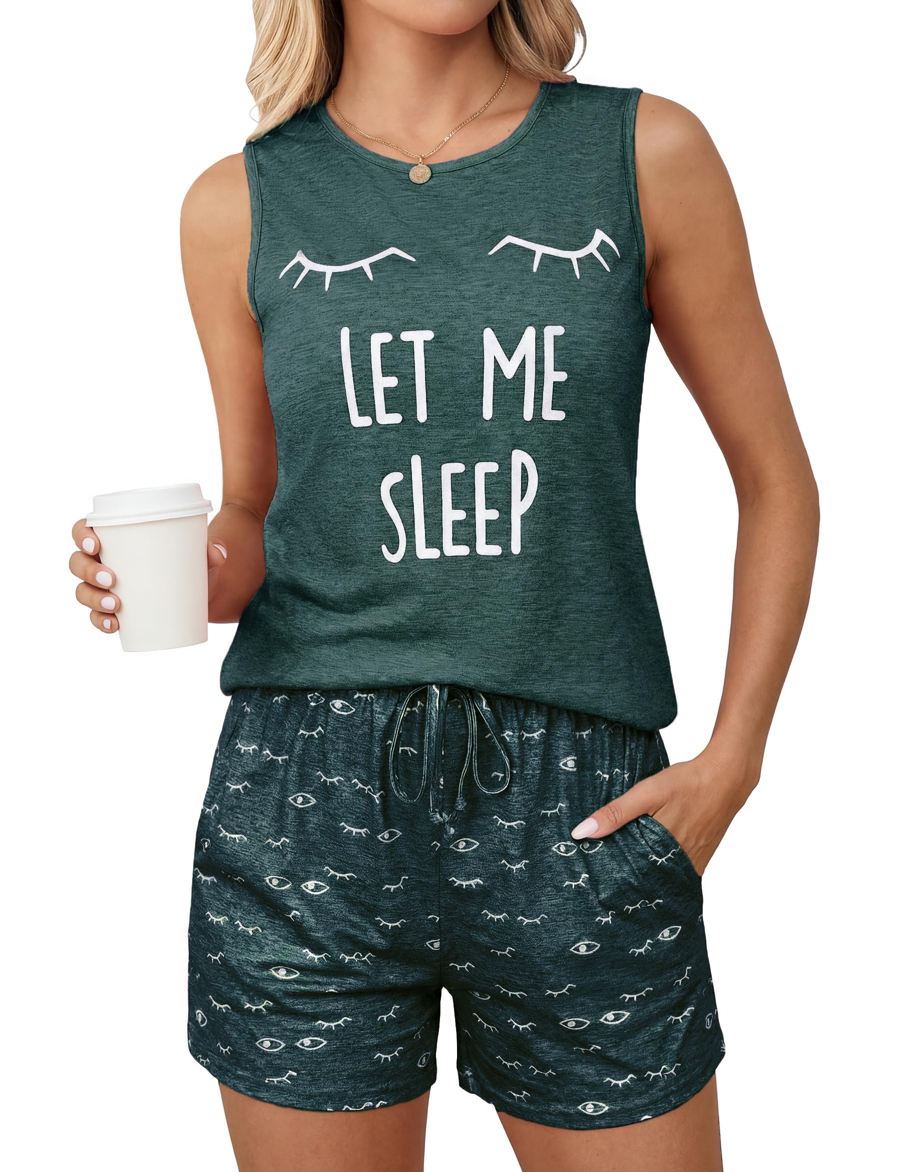 Uniexcosm Kurzer Schlafanzug Damen Wimperndruck Pyjama Set Baumwolle Zweiteiliger Nachtwäsche Ärmelloses Oberteil und Schlafshort Sleepshirt für Sommer