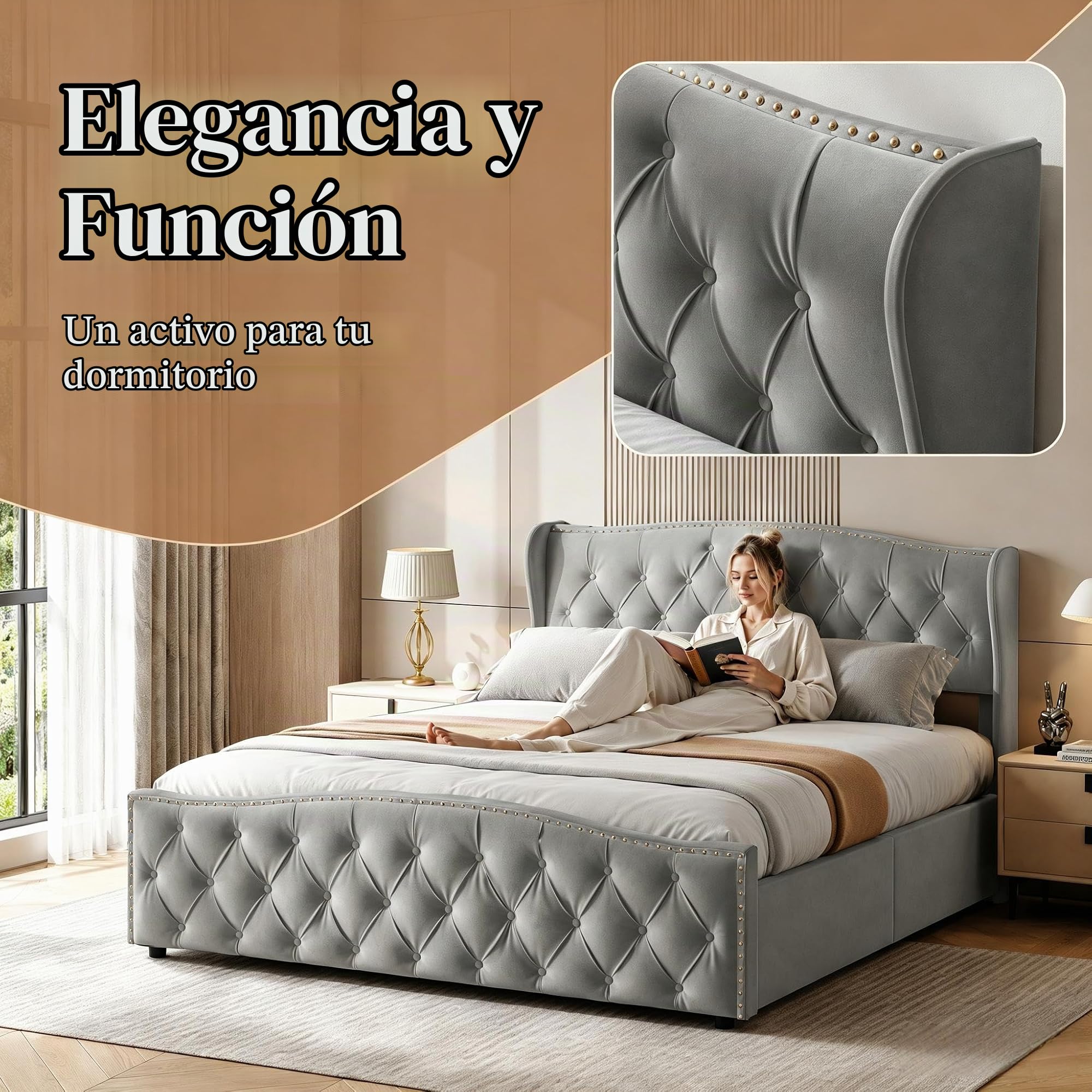 Cama matrimonial de 140 x 200 cm con patas de listones, cama con cajón de 140 x 200 cm con contenedor hidráulico, cama tapizada de 140 x 200 con cabecero para adultos y adolescentes (gris-1, 140 x 200
